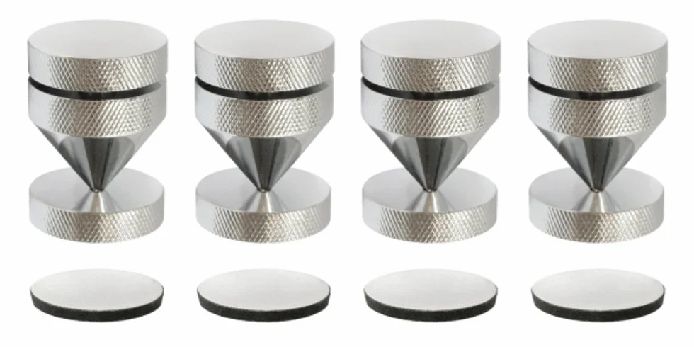 Découpleurs Coloris Chrome Dynavox, Blister de 4 cônes d'isolation pour appareils HiFi, Hauteur réglable