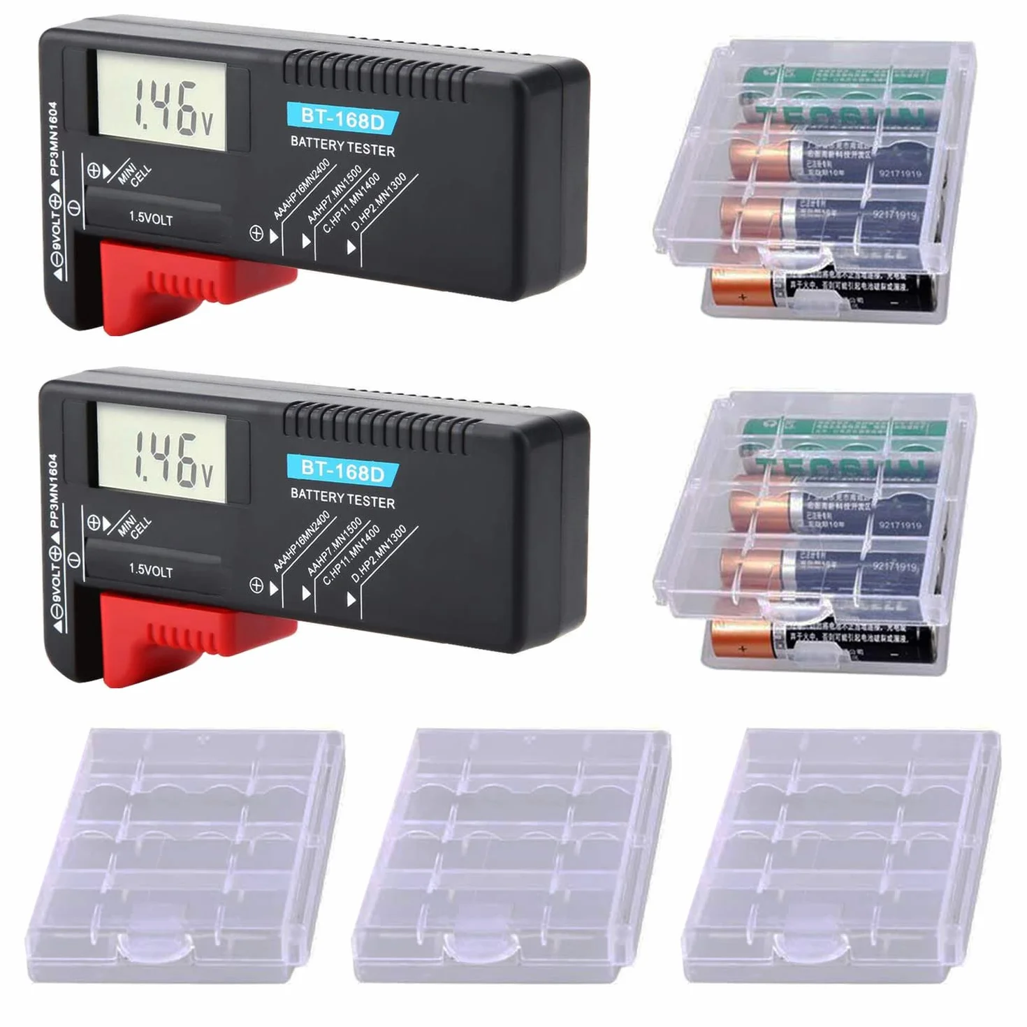 GTIWUNG 2 Pièces Testeur de Piles,Testeur de Tension de Batterie Universel pour Piles AA/AAA/C/D-1.5V,PP3-9V et Piles Bouton, BT-168D Testeur de Batterie LCD Numérique + Boite de Rangement pour Piles