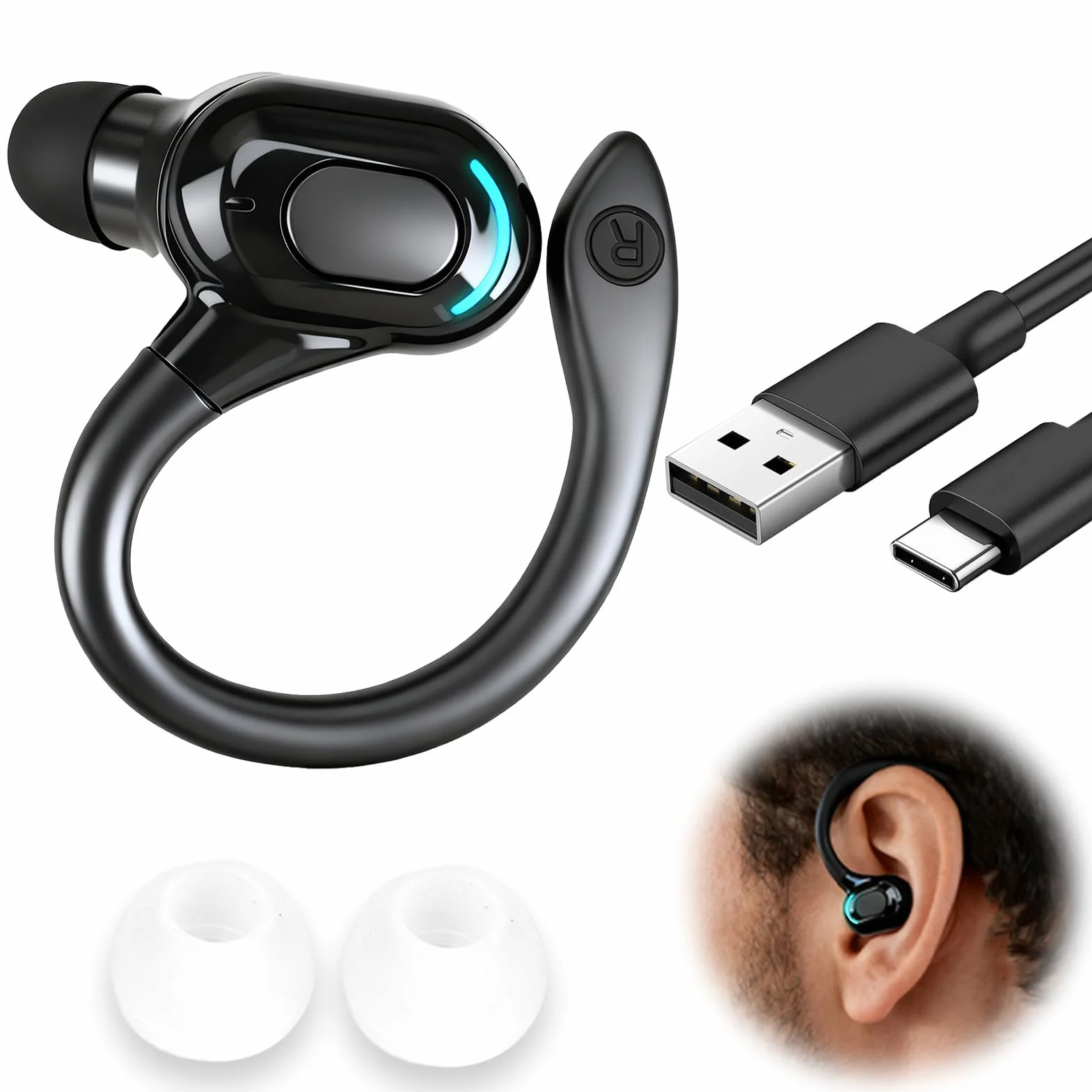 Oreillette Bluetooth sans Fil V5.2, Écouteur Mono Tour d'oreille 360° avec Micro Intégré, Main Libre Bluetooth 20h de Lecture pour iPhone Android PC Bureau Conduite Affaires Sport