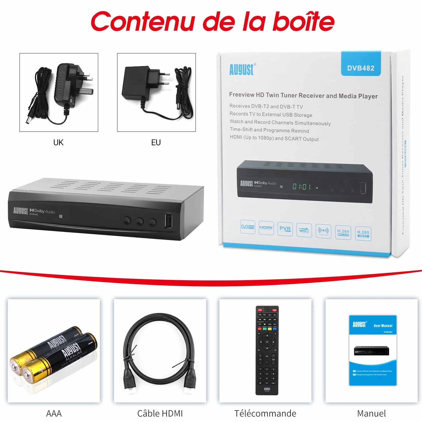 August DVB482 Décodeur Enregistreur TNT HD HDMI Full HD 1080p 2 chaînes simultanées