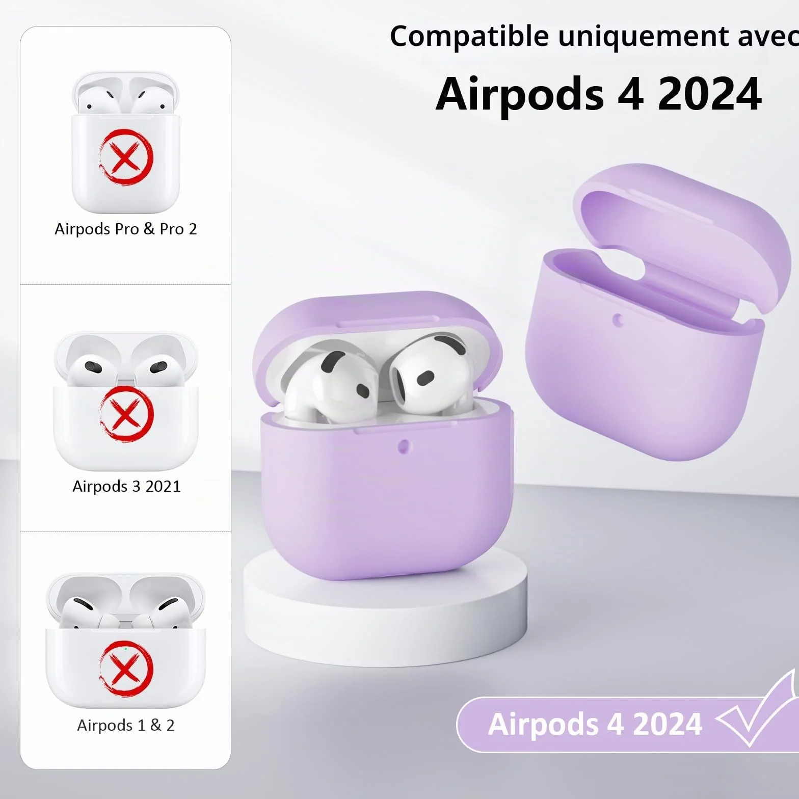 Coque Étui Protecteur Compatible avec AirPods 4 2024, LED Avant Peut être Visible, Housse en Silicone Anti-Choc Etui de Protection pour Airpods 4ᵉ Génération avec Kit de Nettoyage, Lavande