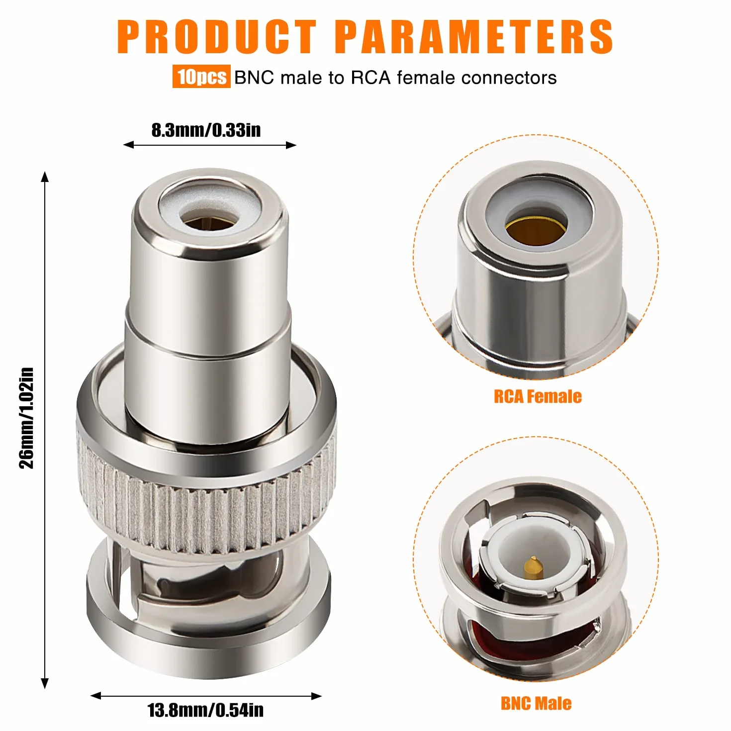 10 Pièces Adaptateur BNC Mâle à RCA Femelle, Connecteur Coupleur Coaxial pour CCTV Caméra