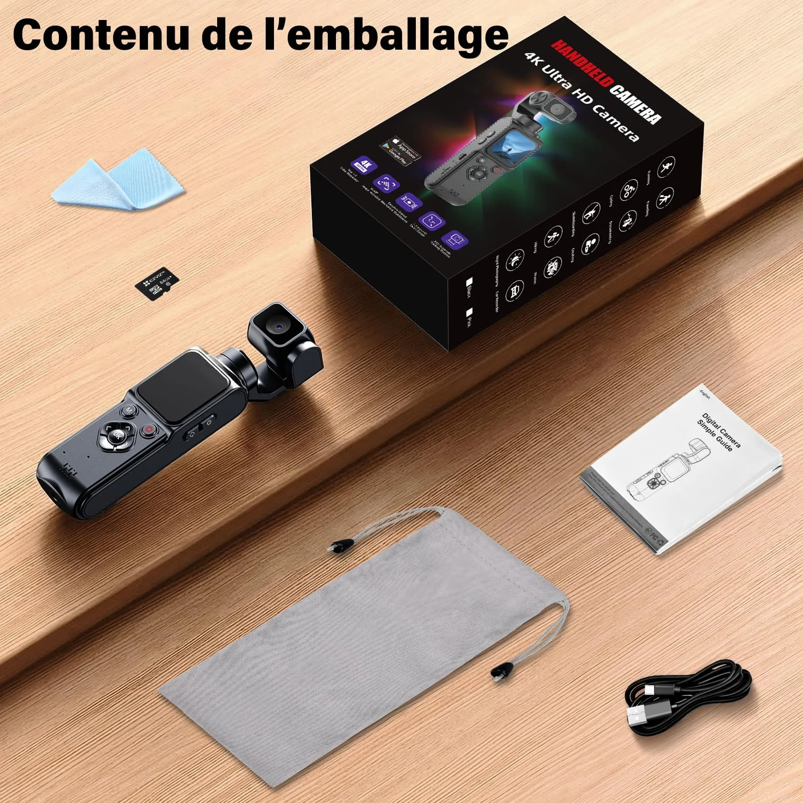 Caméra Vlog 4K Stabilisée avec Gimbal 2 Axes, Écran Tactile, Carte 64Go, Suivi Facial, 200 Min, Compacte Sport Vlog