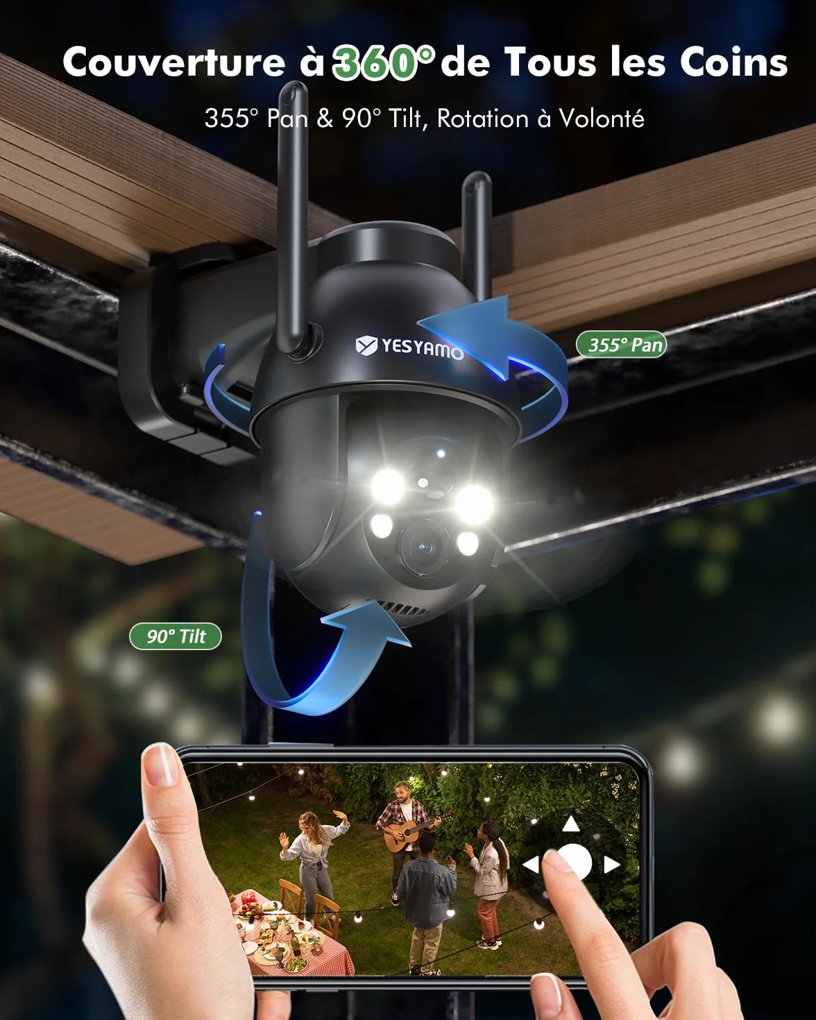 YESYAMO 2K Camera Surveillance WiFi Exterieure sans Fil Solaire, Panneau Solaire, 355° PTZ, Vision Nocturne Couleur, Audio Bidirectionnel, PIR Sirène Noir