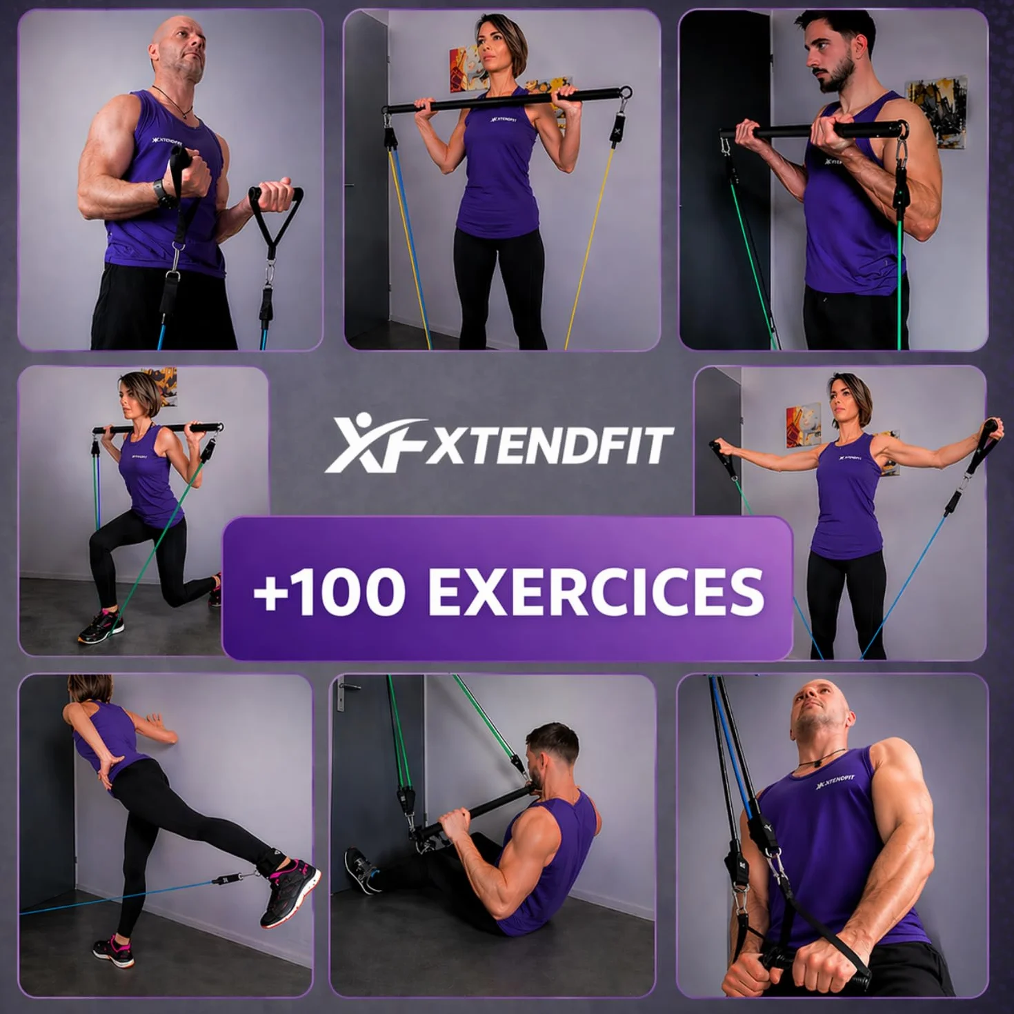 XTENDFIT Kit Musculation Élastique 10 Bandes Résistance 170kg Barre Renforcée