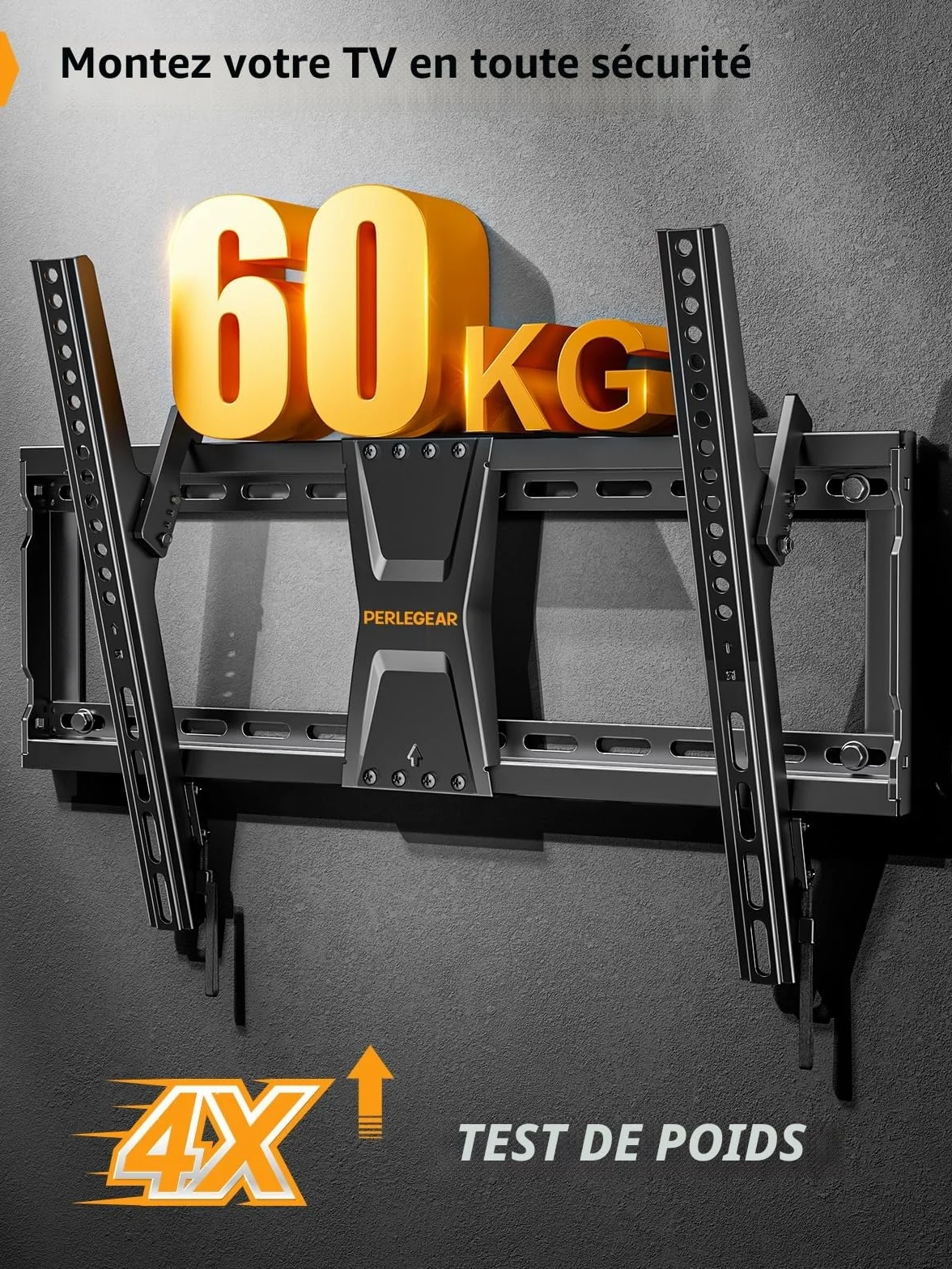 Perlegear Support Mural TV Inclinable pour téléviseurs de 37-82 Pouces Plasma OLED LCD jusqu'à 60 kg, Fixation Murale TV inclinable pour téléviseurs Plats ou incurvés Max VESA 600x400mm, PGLT5