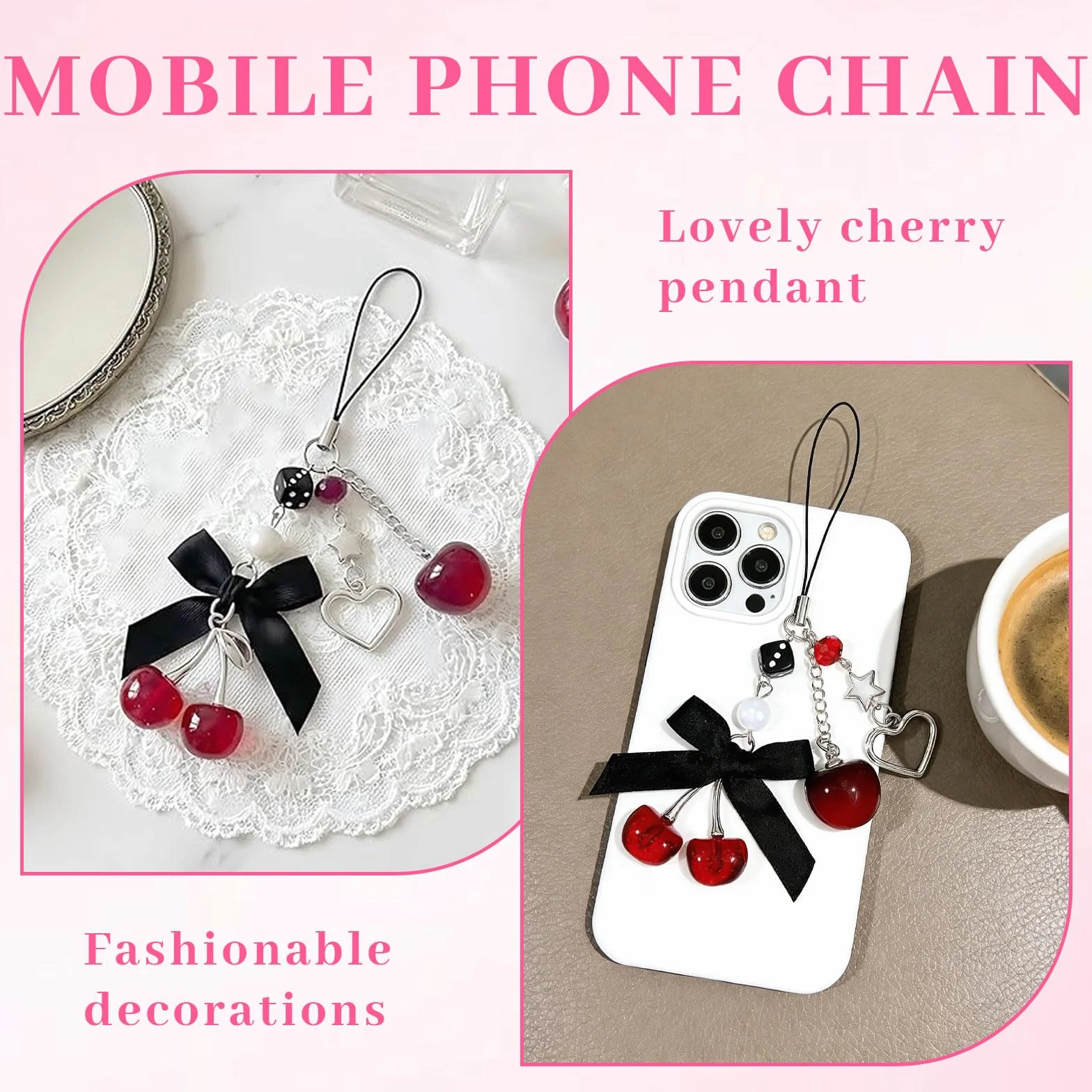 Kurze Handykette avec Charme Cerise – Breloque de téléphone Mignon en Noir comme chaîne Courte décorative pour Smartphone et clés