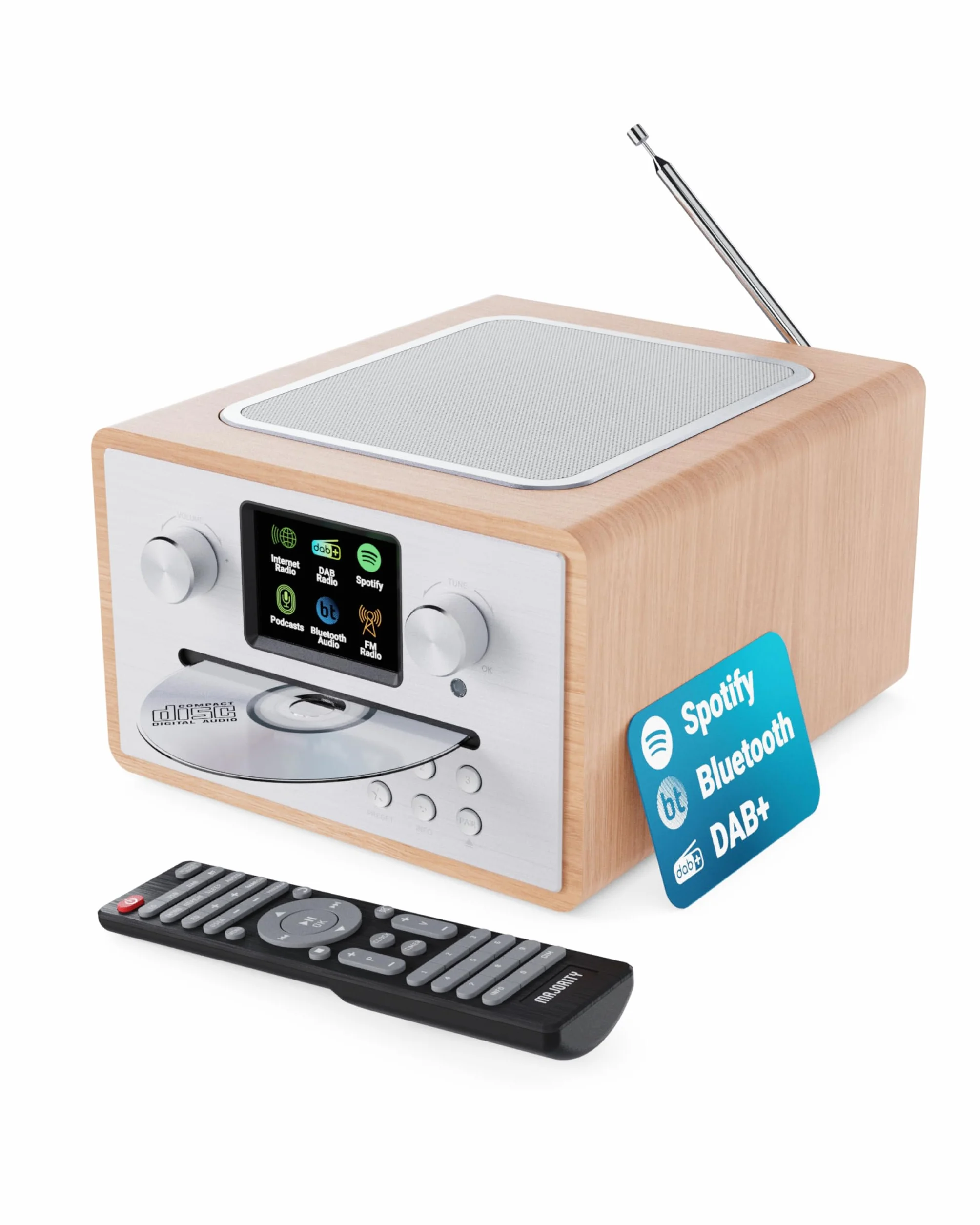 Majority Homerton Radio Dab Plus avec Lecteur CD Bluetooth Poste Radio Internet WiFi Ampli Tuner CD Spotify Connect Écran LED Couleur Télécommande Chêne