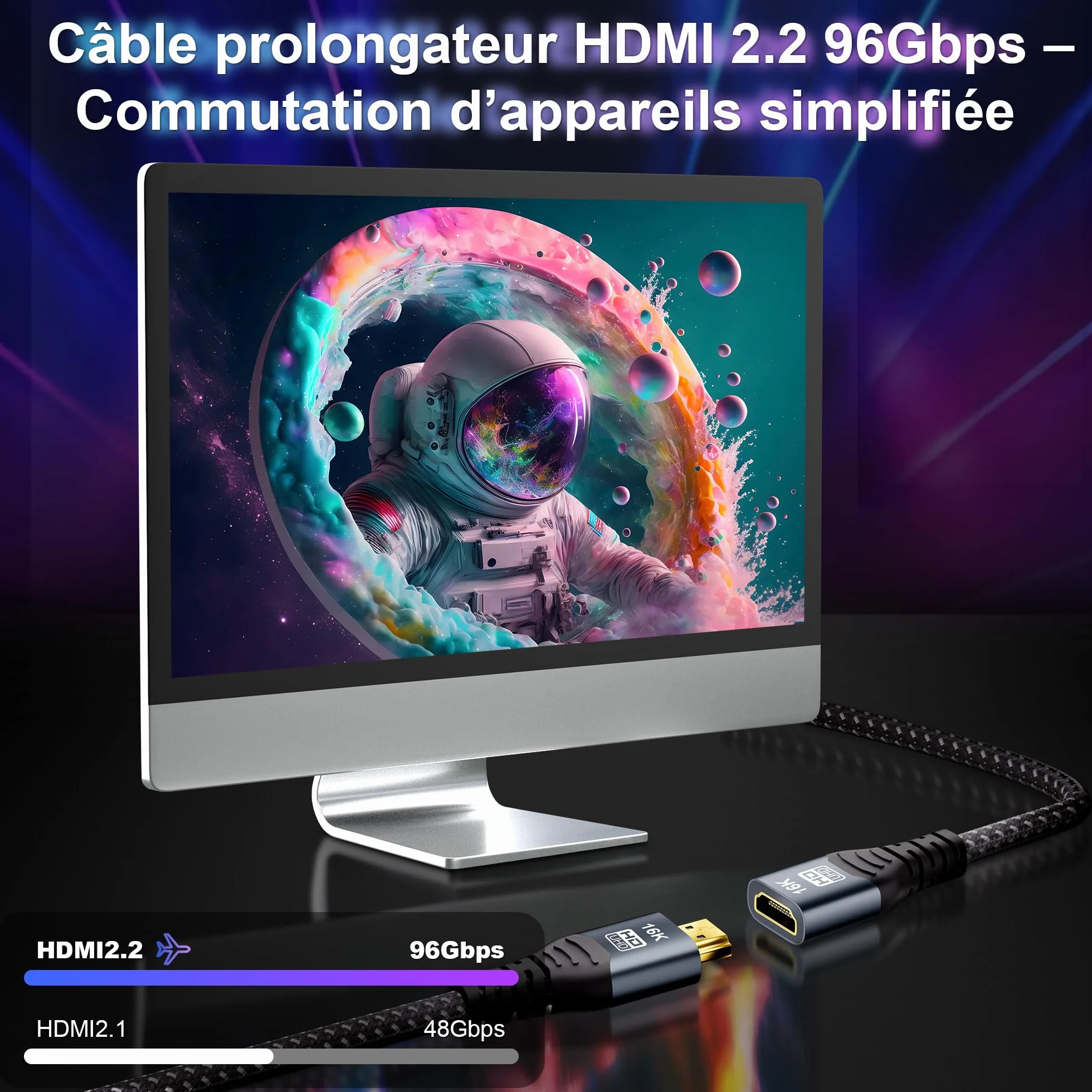 CAKOBLE Câble Prolongateur HDMI 2.2 0.5m, 96Gbps Ultra High Speed,16K@60Hz 8K@240Hz 4K@480Hz,HDMI 2.1,eARC, HDR10+, Dolby Atmos/Vision, HDCP 2.3,Mâle vers Femelle,pour TV PS5 Xbox Moniteur
