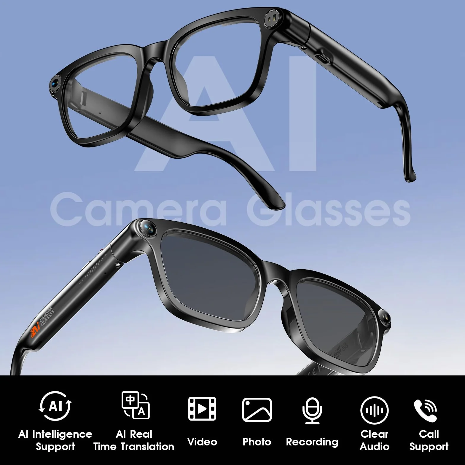 GenXenon Lunettes Caméra, Caméra 8 MP für Enregistrement Vidéo, Foto und Reconnaissance d’Objets IA, Batterie 300 mAh, Lunettes Connectées pour Voyages, Vlog et Outdoor Aventure（Trois lentilles）