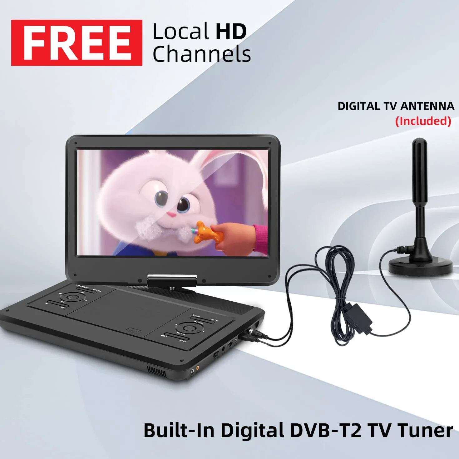 KCR 14 Pouces TV Portable/Lecteur DVD Combo avec écran LED Rotatif HD et Tuner TV DVB-T2 numérique/USB/HDMI/AV/Audio, Batterie intégrée, Double Haut-Parleur stéréo