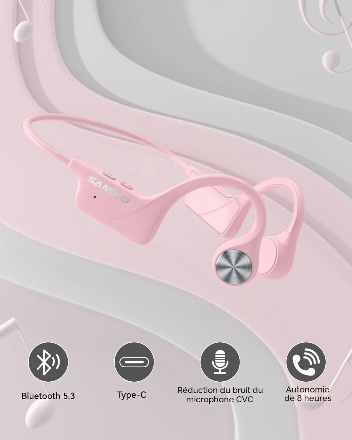 SANOTO Casque Conduction Osseuse Bluetooth 5.3, Open Ear Casque Bluetooth Sans Fil Sport IPX5 Étanche et Anti-poussière Conduction Osseuse Batterie longue durée Running Fitness Cycling Casque Écouteur