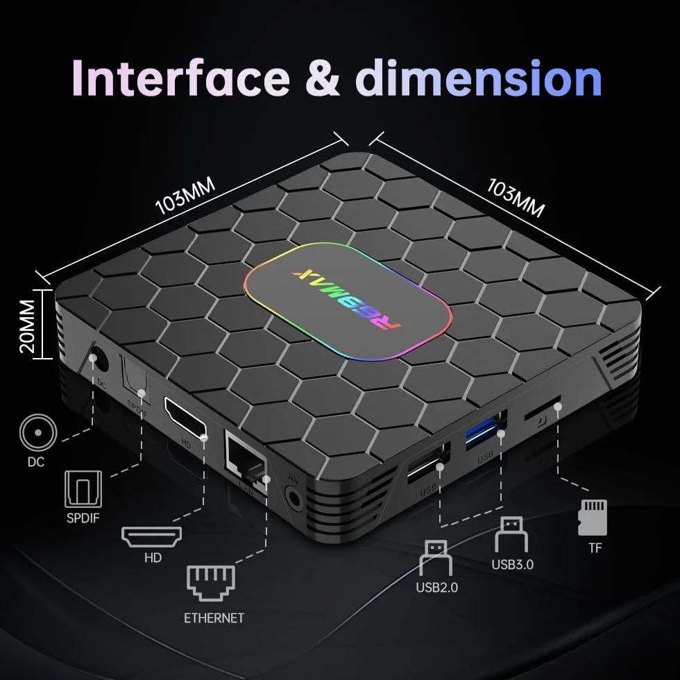 Android TV Box,R69MAX Android 14.0 TV Box with 4Go RAM 64Go ROM RK3528 Quad Core Arm Cortex A53 Mali-450 GPU Support 8K 3D 1080P 2.4/5.0GHz WiFi BT5.0 10/100M Ethernet DLNA HDMI2.0 USB3.0 H.265