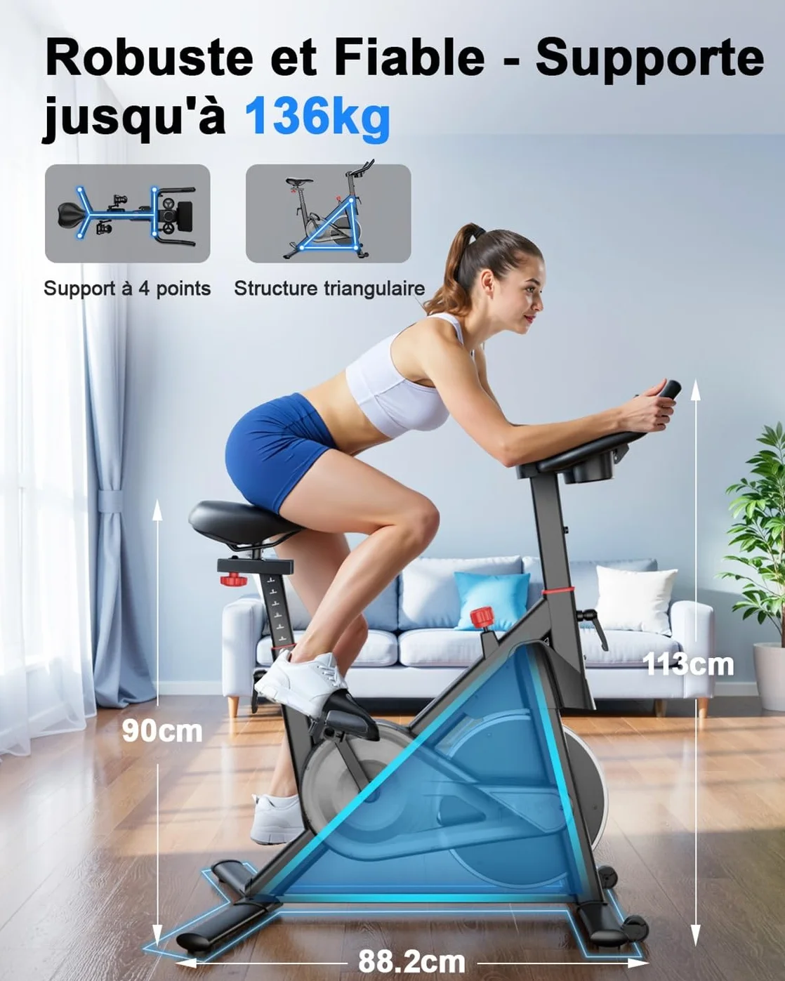 Vélo d'Appartement avec Écran LCD et Application, Résistance Magnétique Réglable, 136 kg