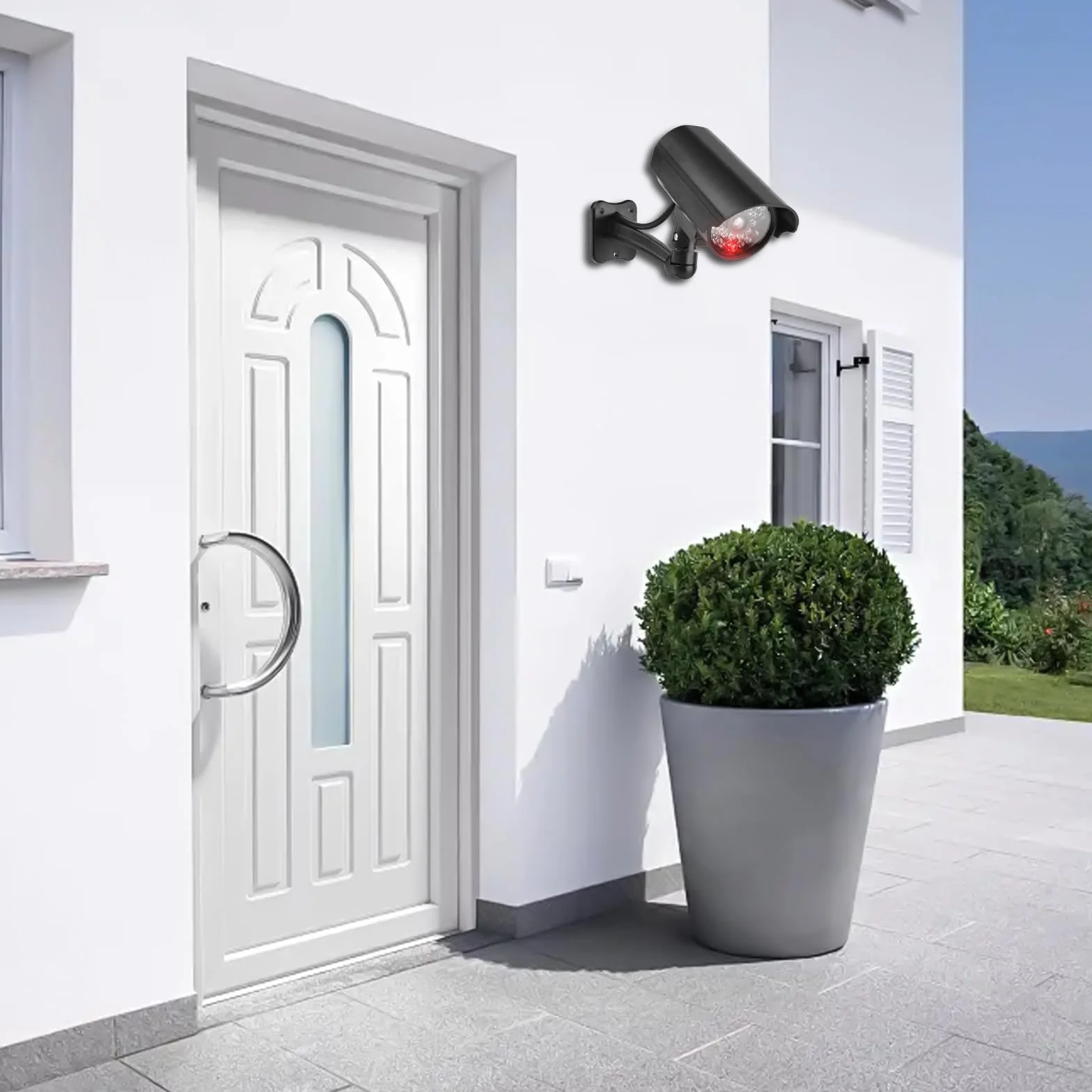 GOMETY Lot de 2 caméras factices extérieures, fausse caméra de sécurité avec LED rouge clignotante, caméra CCTV factice de sécurité pour intérieur et extérieur