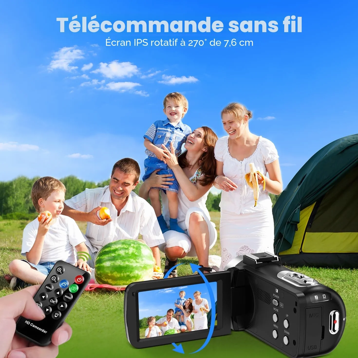Caméscope 4K 42MP avec Zoom 18x Écran Rotatif 3 Pouces 270° Lumière LED Fonction Webcam 2 Batteries Carte SD 32GB Télécommande