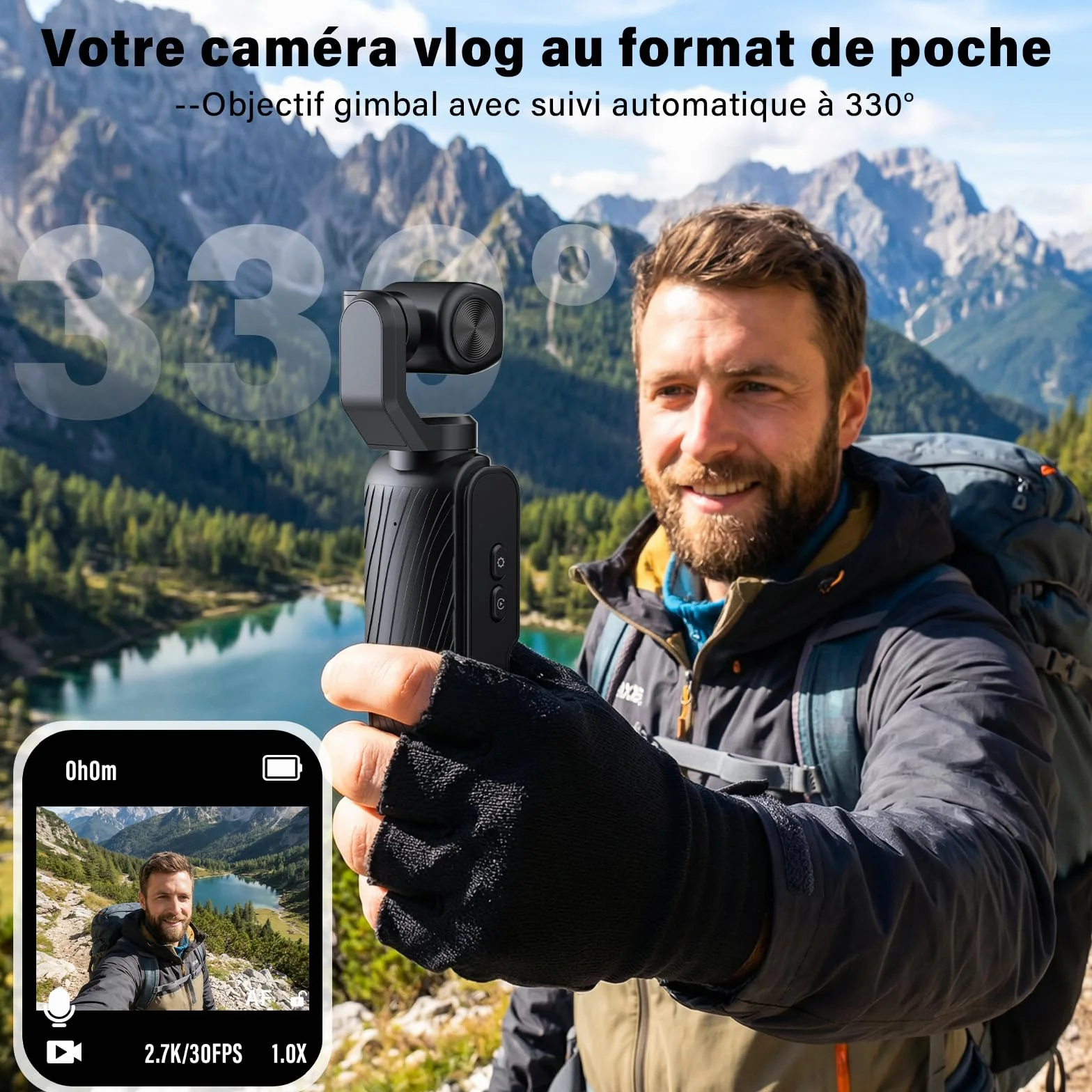 Caméra Vlog 4K Stabilisée avec Gimbal 2 Axes, Écran Tactile, Carte 64Go, Suivi Facial, 200 Min, Compacte Sport Vlog