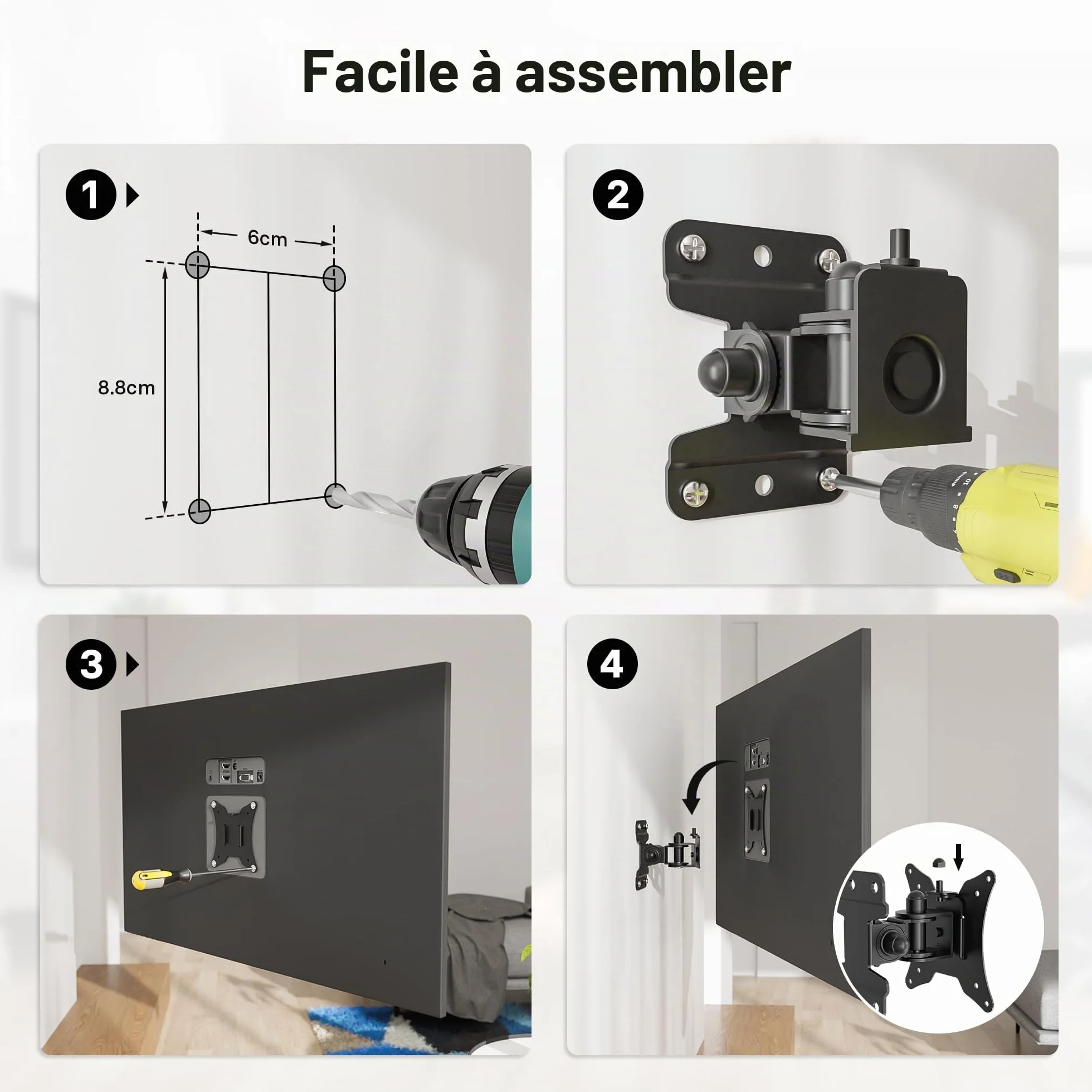 BONTEC Support TV Mural Inclinable et Orientable, Fixation Universelle pour Télévision et Moniteur Plat/Incurvé 13-30 Pouces, VESA 75x75/100x100mm, Charge Max 25kg, Rotation 360°