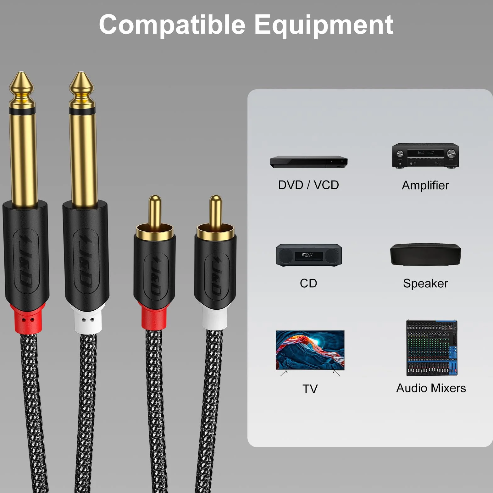 J&D RCA vers Jack 6,35mm Câble 4,5M, RCA Câble Plaqué Or Série Audiowave 2 x 6,35mm (1/4 Pouce) Mâle TS à 2 RCA Mâle PVC Décortiqué Adaptateur Audio stéréo Y Splitter RCA Câble avec Tresse en Nylon