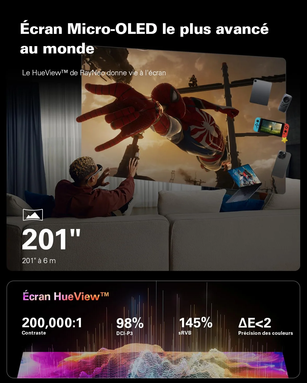 RayNeo Air 3s Lunettes AR/XR, Écran HueView 201" 120Hz FHD, Lunettes Connectée AR Portables pour iPhone 16/15, Android, Mac, Switch, PS5, Steam Deck – Théâtre Portable