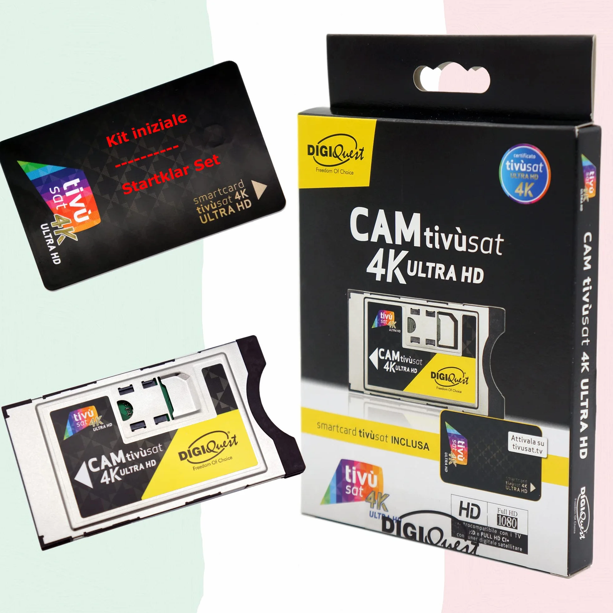 DIGIQuest TIVUSAT 4K UHD Black Card & EasyMouse 4K Ultra HD SmartCam CI+ Module avec chaînes Italiennes HD/4K Satellite HotBird 13.0°E Noir