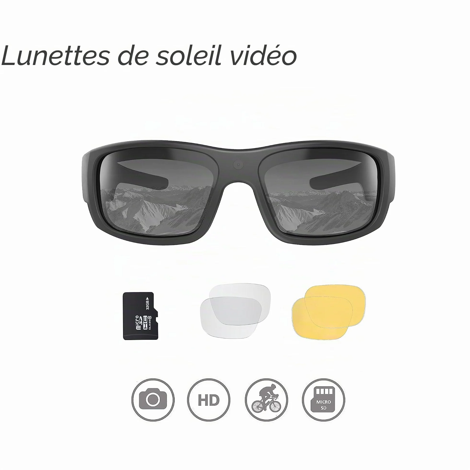 OhO Lunettes de soleil vidéo 32 Go 1080p Full HD avec caméra intégrée 15 MP et protection UV400 polarisée et lentille interchangeable