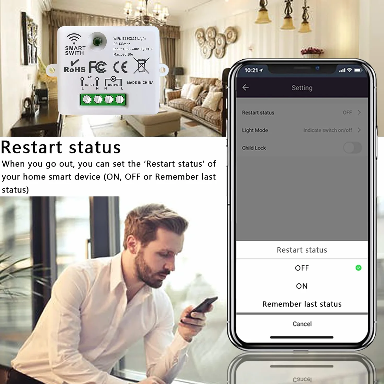 DieseRC Mini commutateur WiFi sans fil télécommande RF 2500W 10A 3 récepteurs avec 1 interrupteur mural sans fil contrôle intelligent via l'application Tuya compatible avec Alexa/Google Home