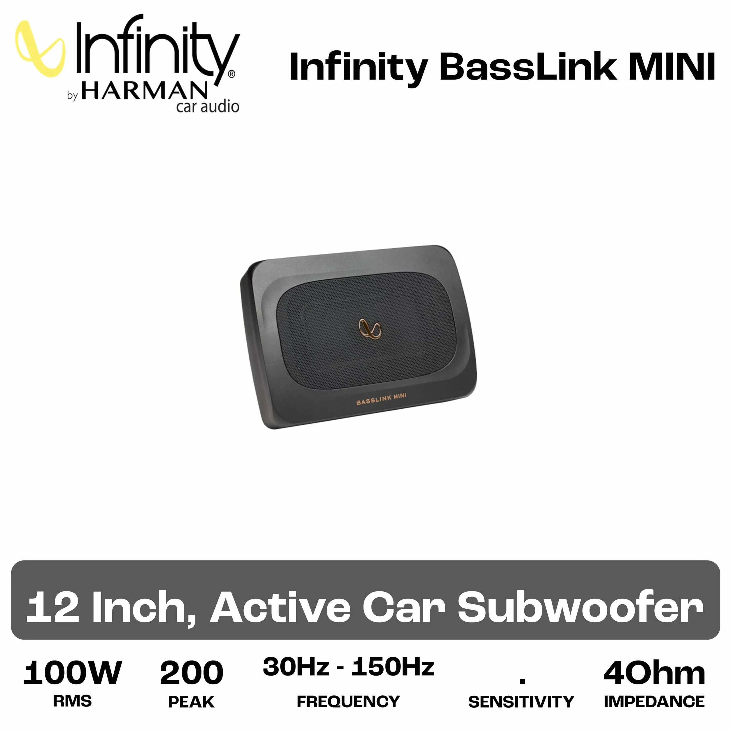Infinity BassLink Mini Caisson de Basses Actif Compact 100W RMS et 200W Max avec Haut-Parleur 6x8, boîtier en Aluminium, Filtre Passe-Bas réglable, Bass Boost et Commande de Volume à Distance