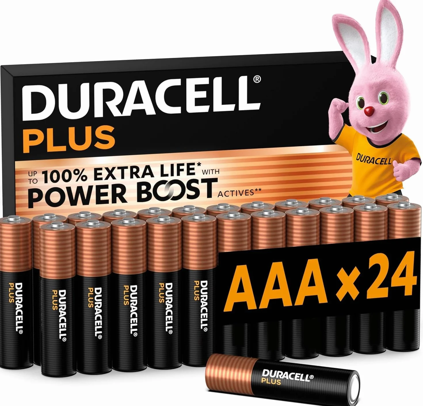 DURACELL Plus Piles AAA (Lot de 24) – Piles Alcalines 1,5 V–Durent jusqu’à 100 % plus longtemps grâce aux Actifs POWER BOOST–Fiable pour vos Appareils du Quotidien–Emballage 0 % Plastique– MN2400