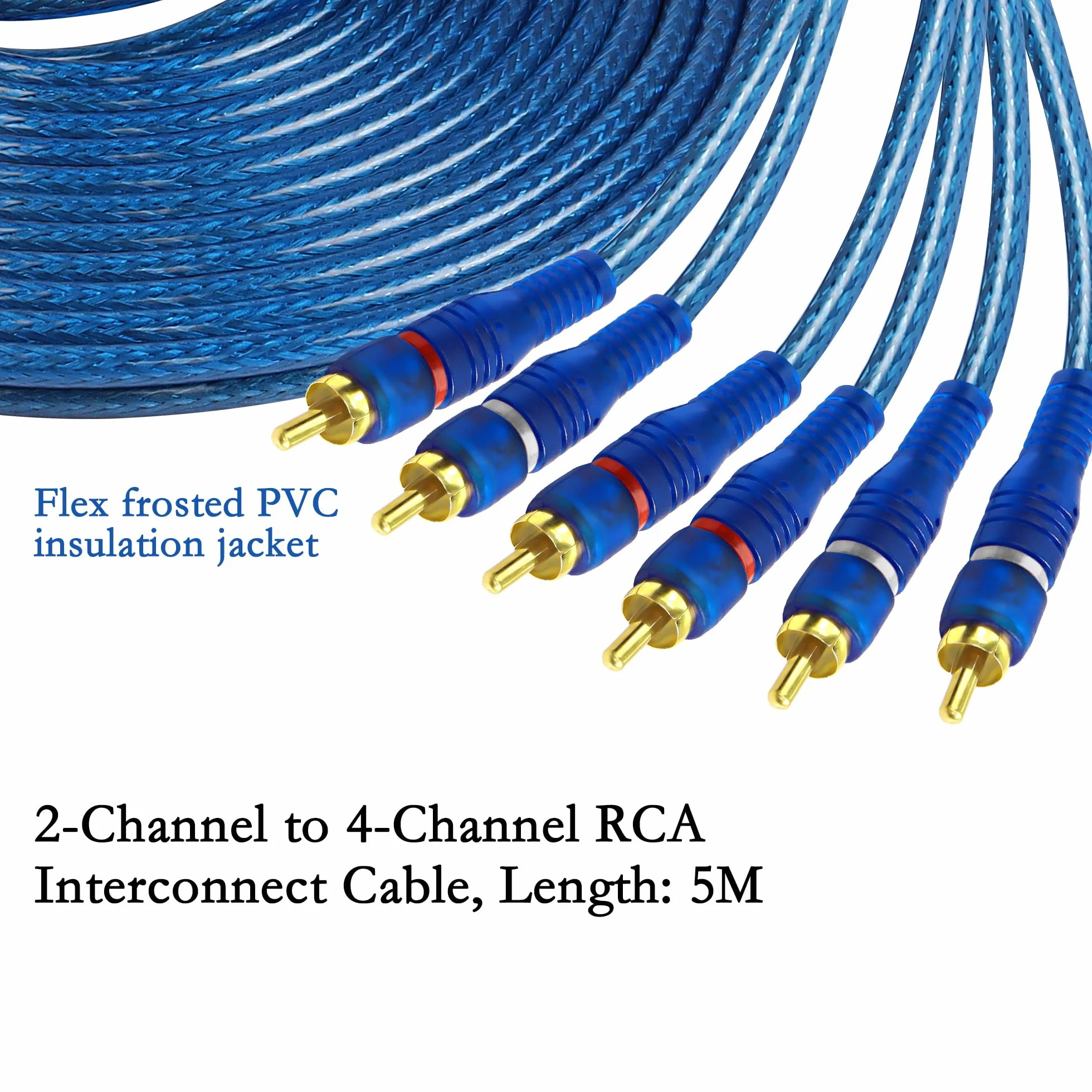MEIRIYFA Câble d'interconnexion audio RCA pour voiture, 2 canaux à 4 canaux RCA audio voiture y Splitter adaptateur cavalier Paire torsadée OFC full Shield Noise Reduction (5m)