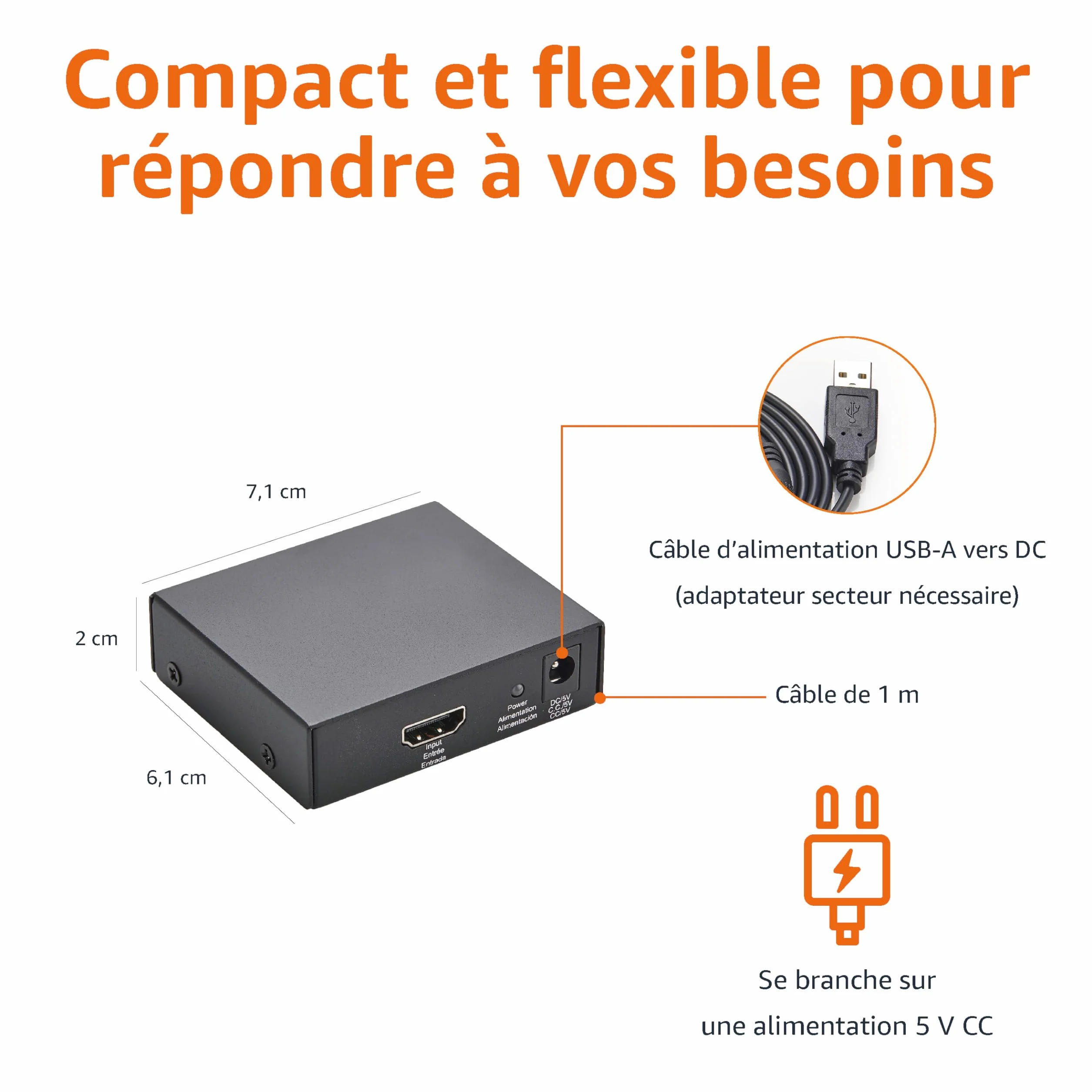 Amazon Basics Répartiteur HDMI 1 Entrée 2 Sorties 4K 30Hz Noir