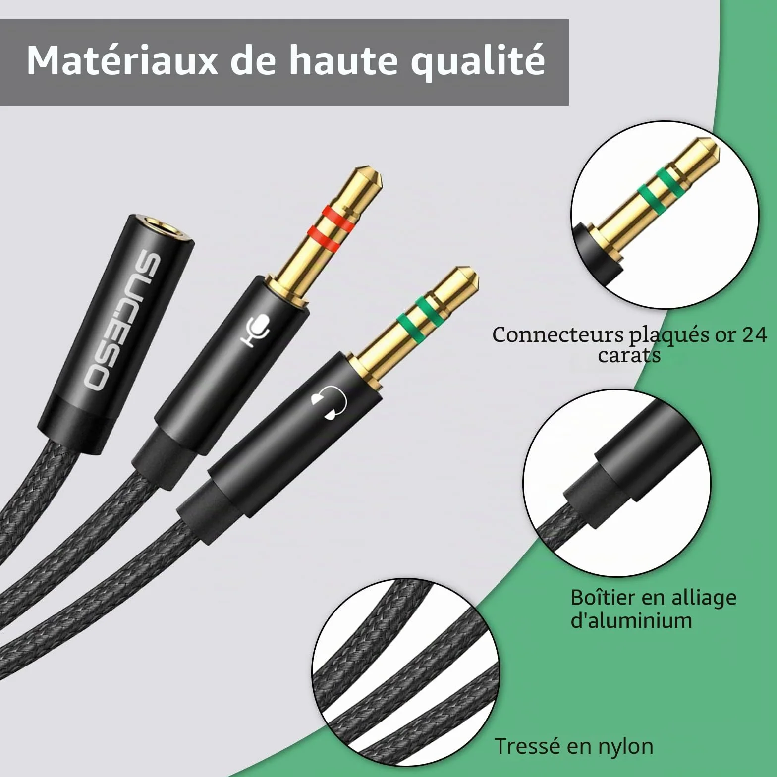 Adaptateur Jack Audio Stéréo 3,5mm Câble Nylon Tressé Splitter Y Femelle à 2 Mâle 35cm