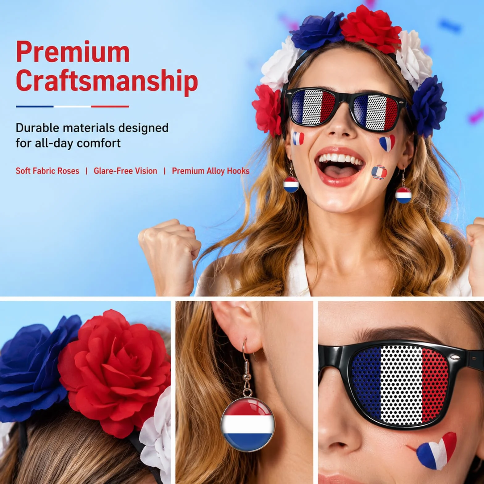 Set d'articles pour supporters français femmes Bleu-Blanc-Rouge - Serre-tête, boucles d'oreilles, lunettes de soleil & tatouages