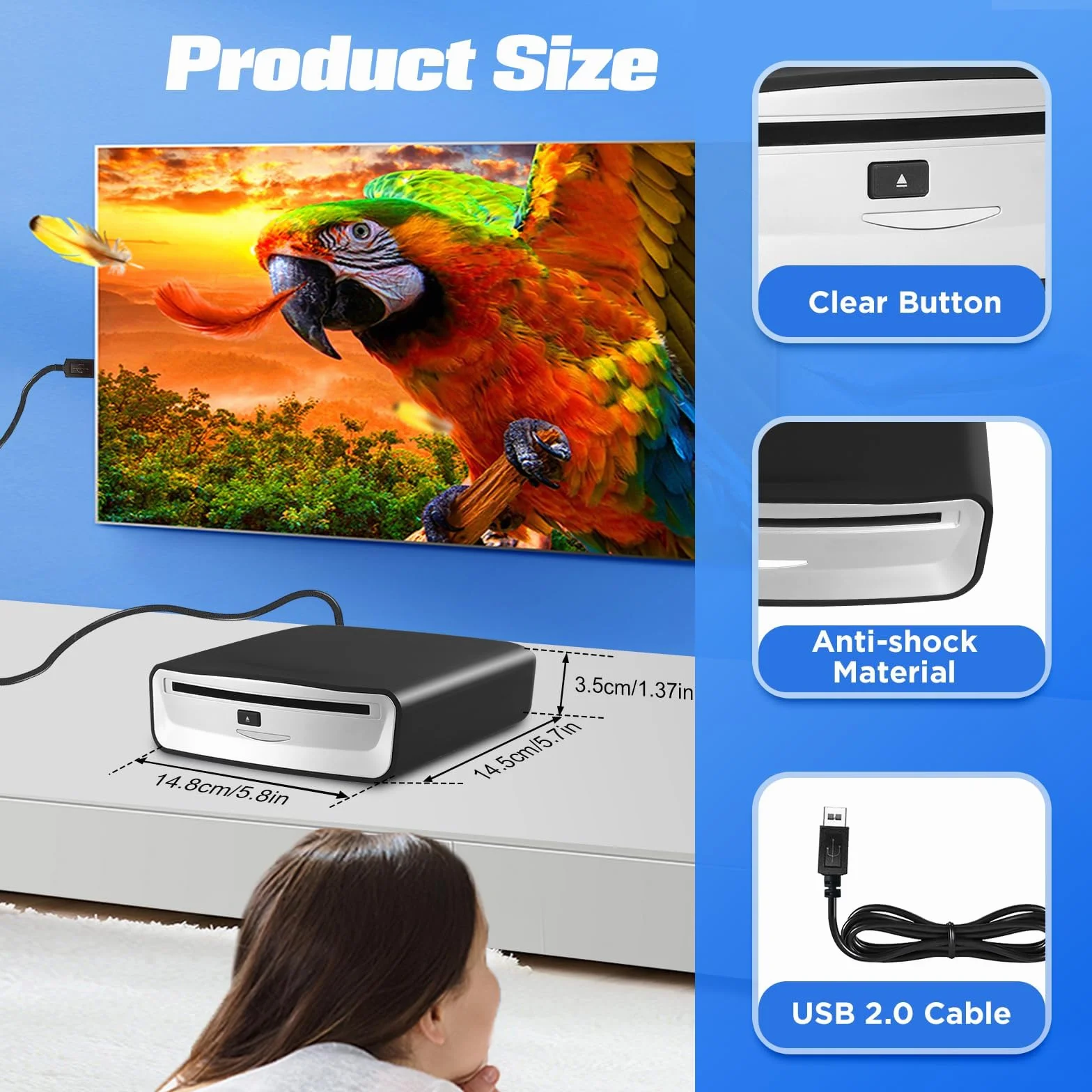 Lecteur CD DVD Externe USB pour Auto, Ordinateur, TV - Lecteur Optique Portable Plug & Play avec Connecteur USB 2.0 pour Autoradio, PC, Multimédia - Aucun Pilote Requis