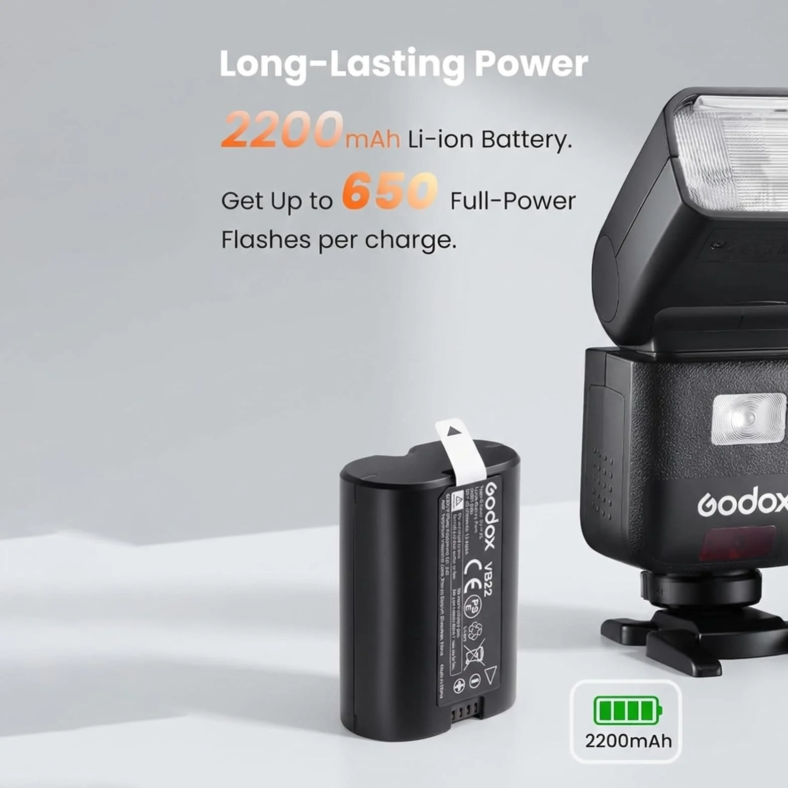 Godox Batterie de rechange VB22 pour V480, 7,2 V 2200 mAh Li-ion pour GODOX V480C / V480S / V480N / V480O / V480F et V350C / V350S / V350N / V350O / V350F Flash d'appareil photo Charge rapide USB-C