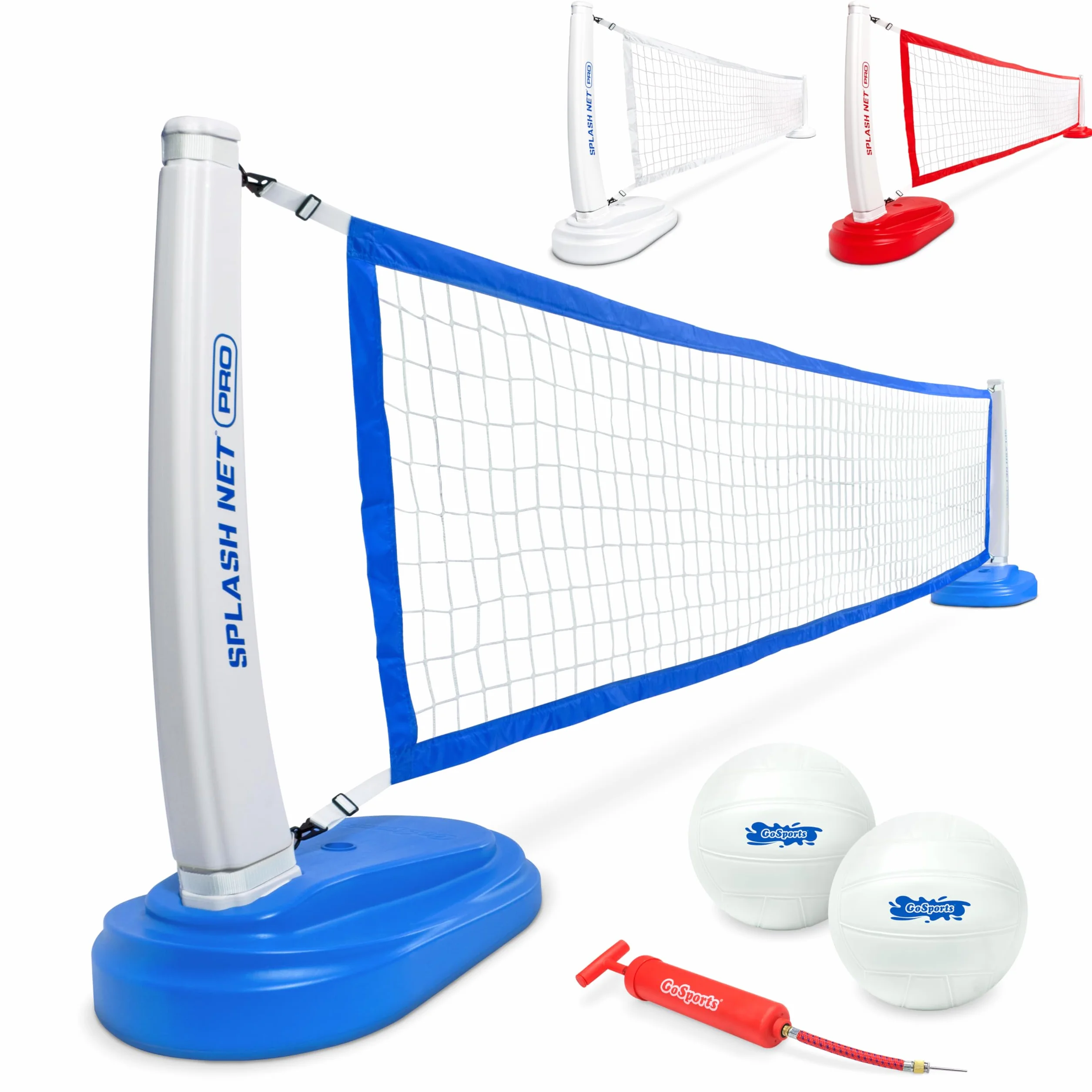 GoSports Splash Net Pro Filet de Volleyball pour Piscine avec 2 Ballons et Pompe, Blanc, Rouge, Bleu