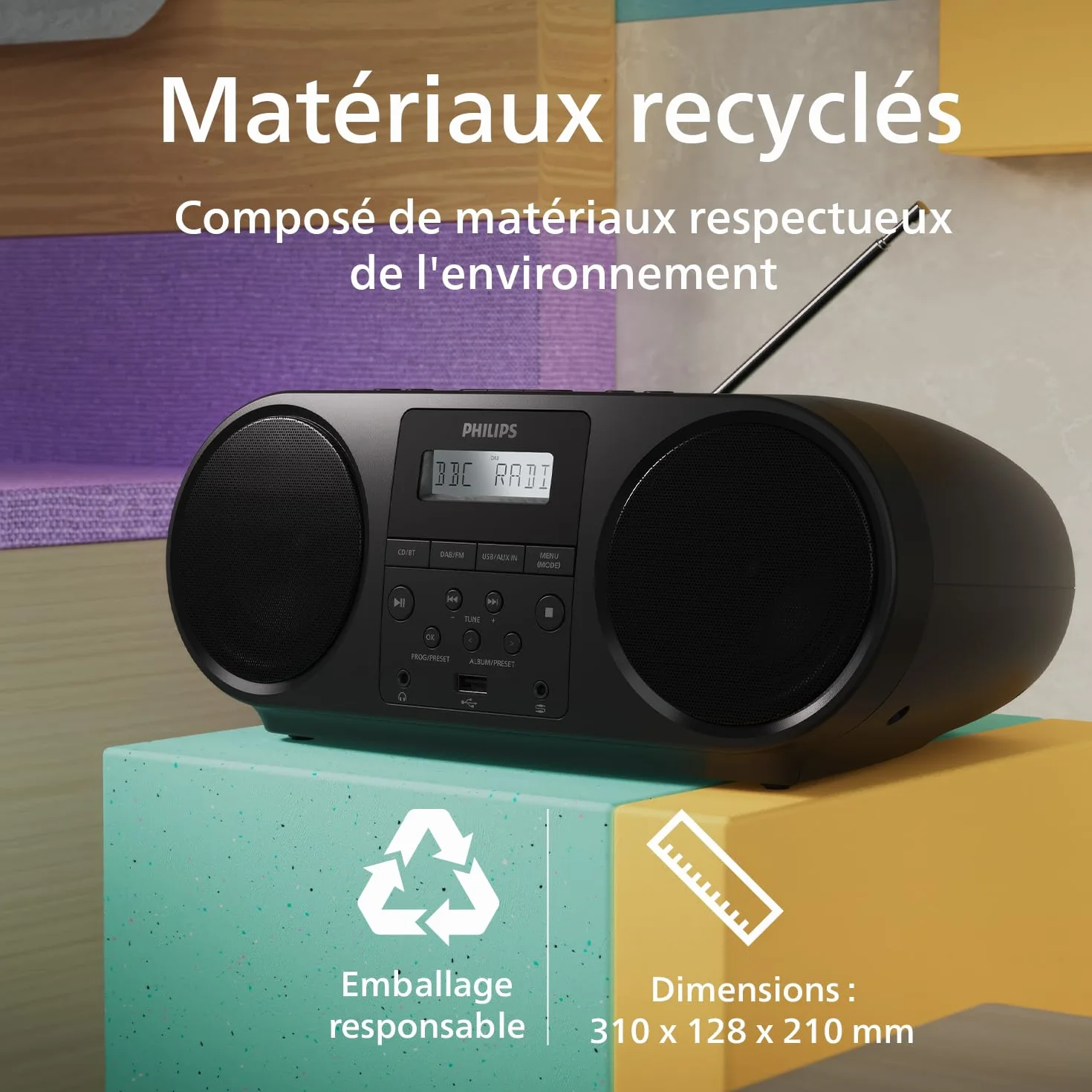 Philips TAZ6000 Lecteur CD/Radio FM Tout-en-Un DAB+ Bluetooth 5.4 USB Batterie CA Amplification Dynamique des Basses