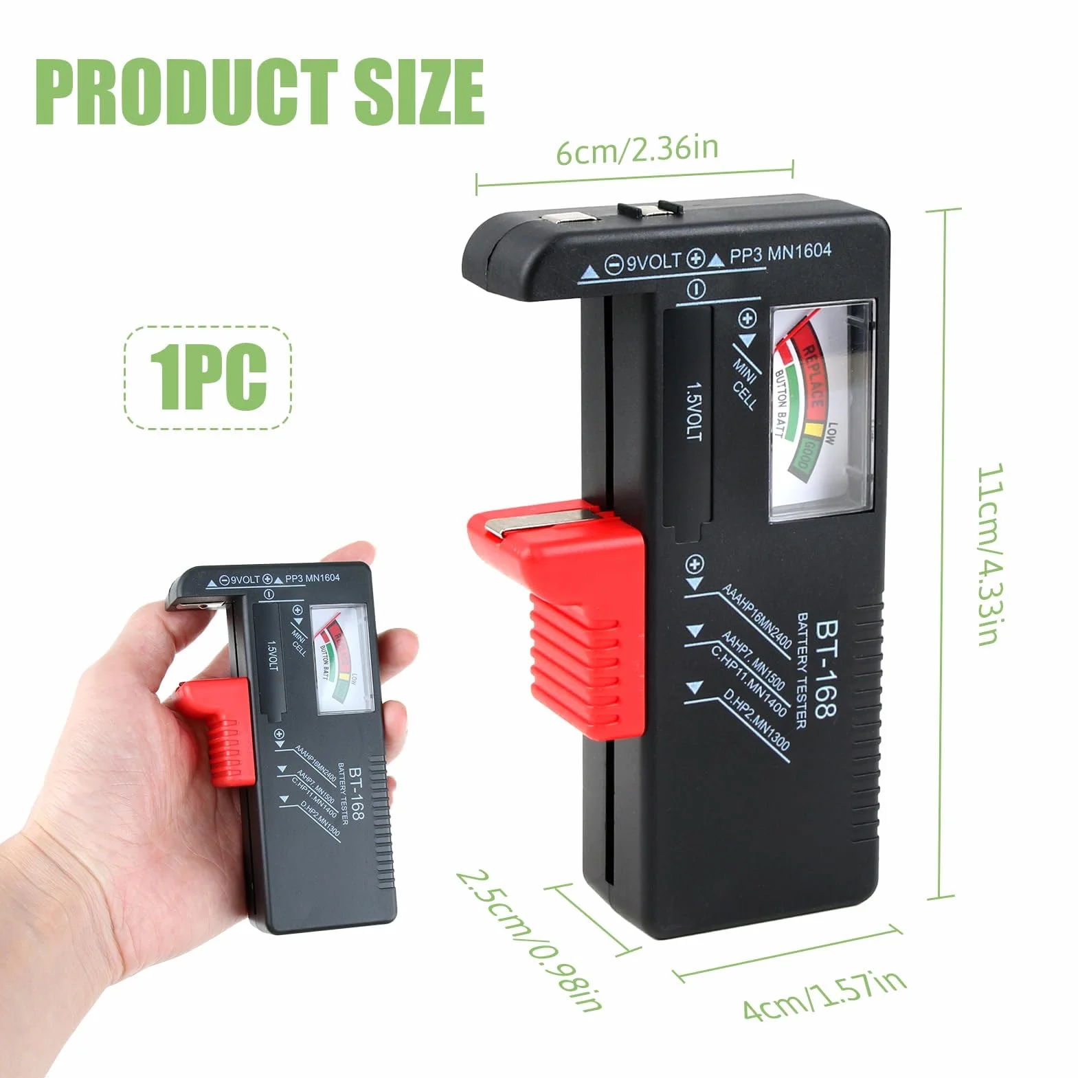 Testeur de Piles Universel, Testeur Pile Numérique pour AA, AA, C, D, PP3, 9V, 1.5V, Piles Bouton,Fonctionne Sans Pile,Testeur Piles Idéal pour Tester vos Anciennes Batteries (Modèle: BT-168)