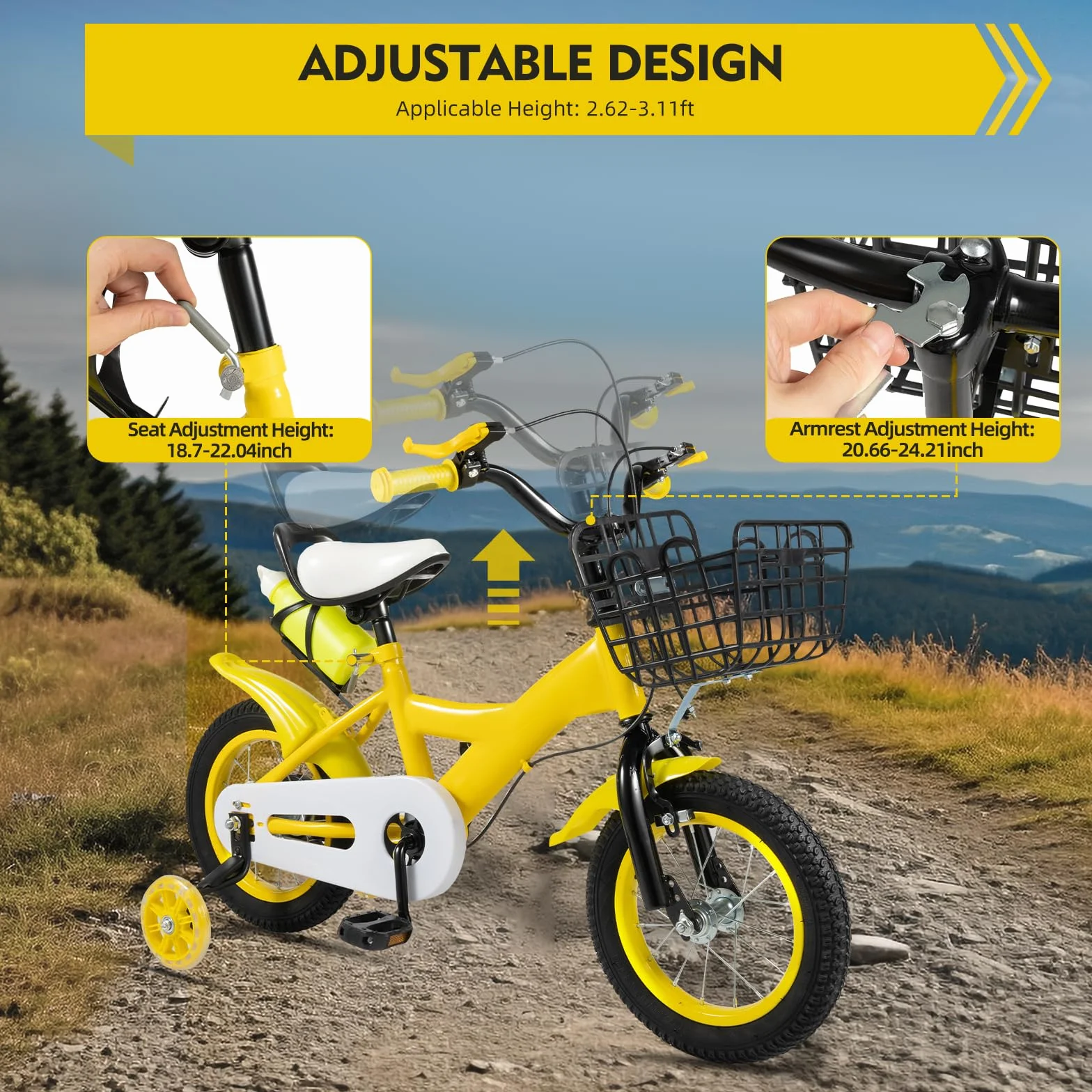 Vélo enfant 2-4 ans roues stabilisatrices frein double siège réglable hauteur 80-95 cm