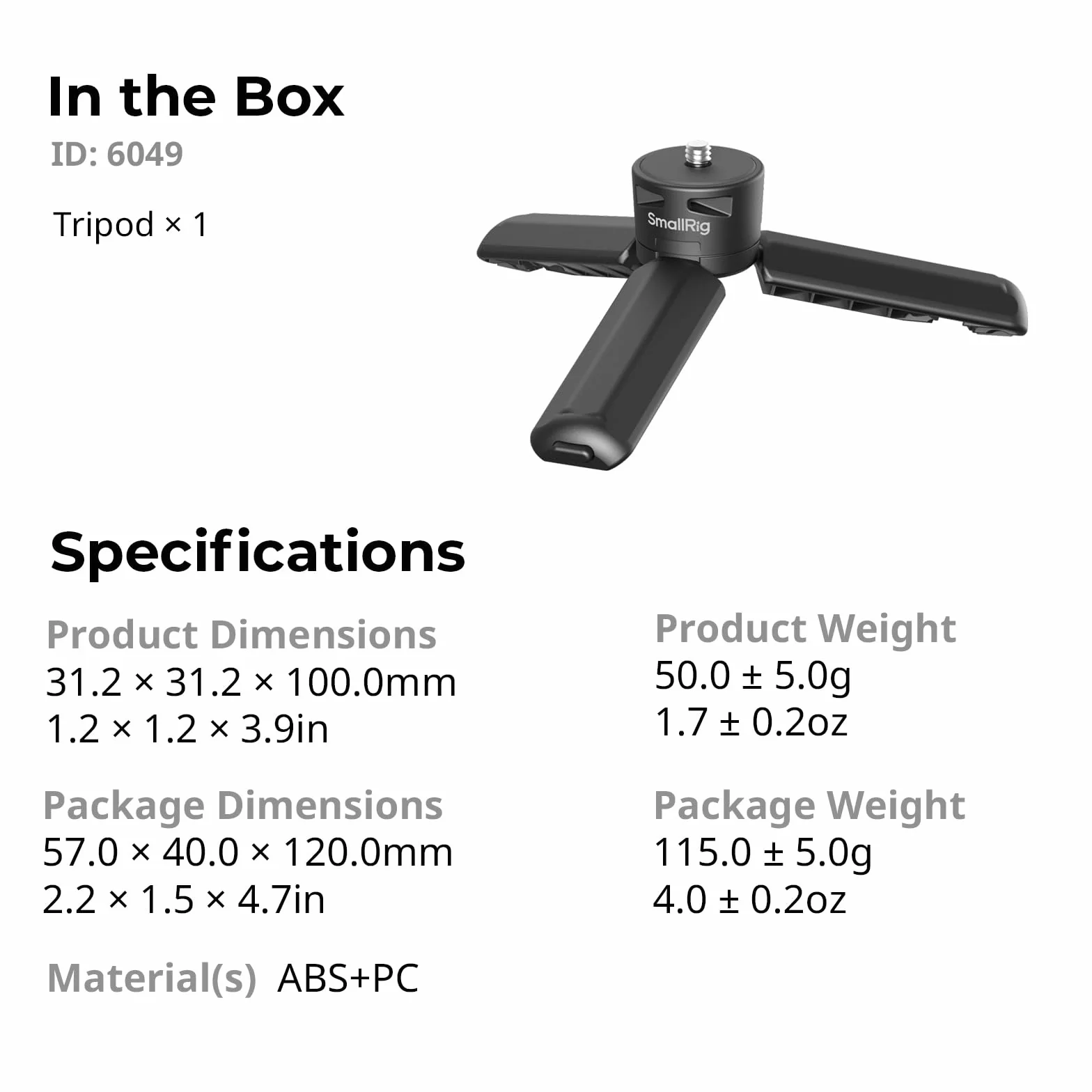SMALLRIG Trépied pour caméras d'action pour DJI Osmo Pocket 4 / Pocket 3 / Action 6/5 Pro, vis 1/4"-20, Charge maximale 500 g, Poids 50 g, Format Compact 10 cm - 6049