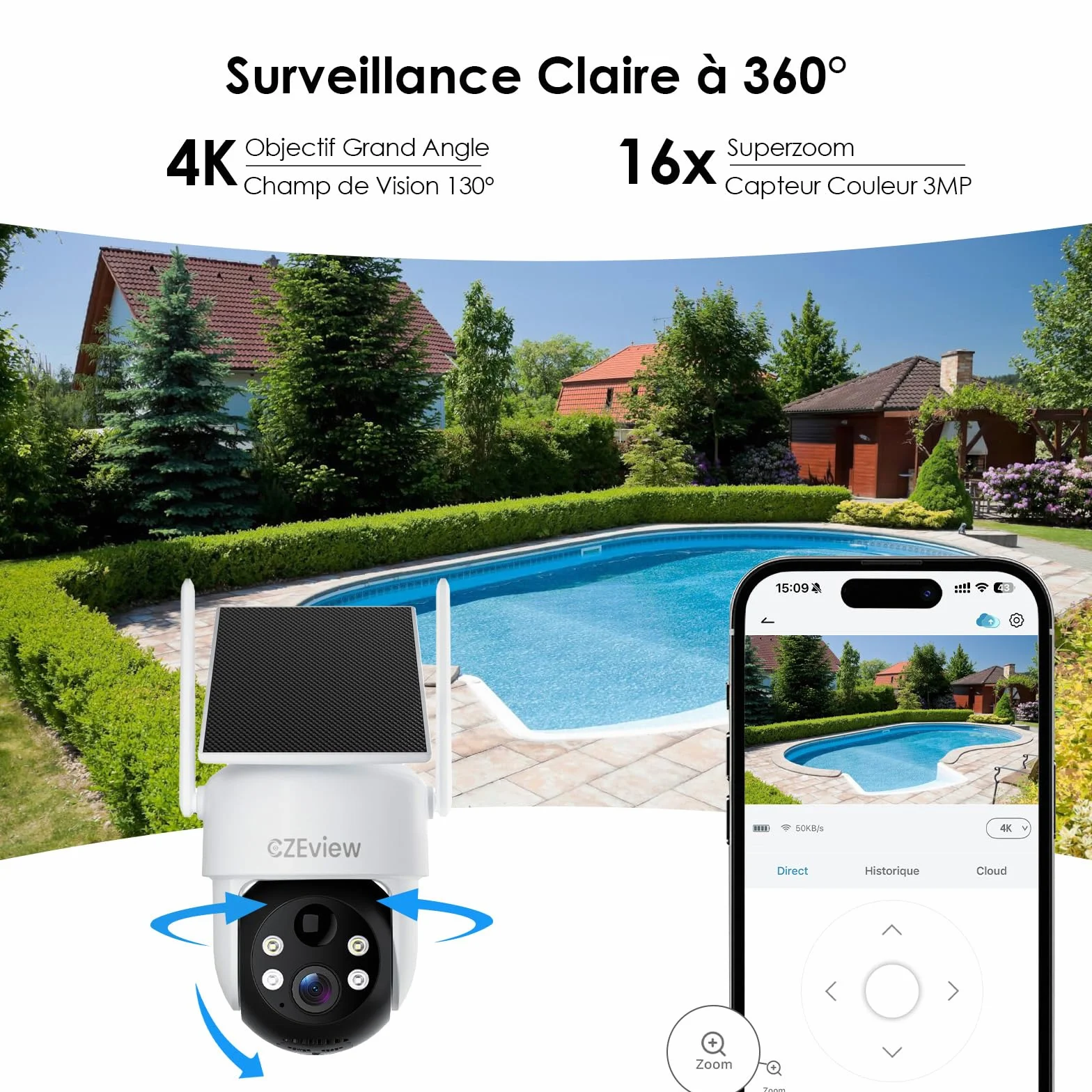CZEview 2K/4K Camera Surveillance WiFi Extérieure Solaire sans Fil, System d'Alarme, 360° Caméra Exterieure Batterie, Détection Mouvement, Vision Nocturne en Couleur (Blanche, 2k)