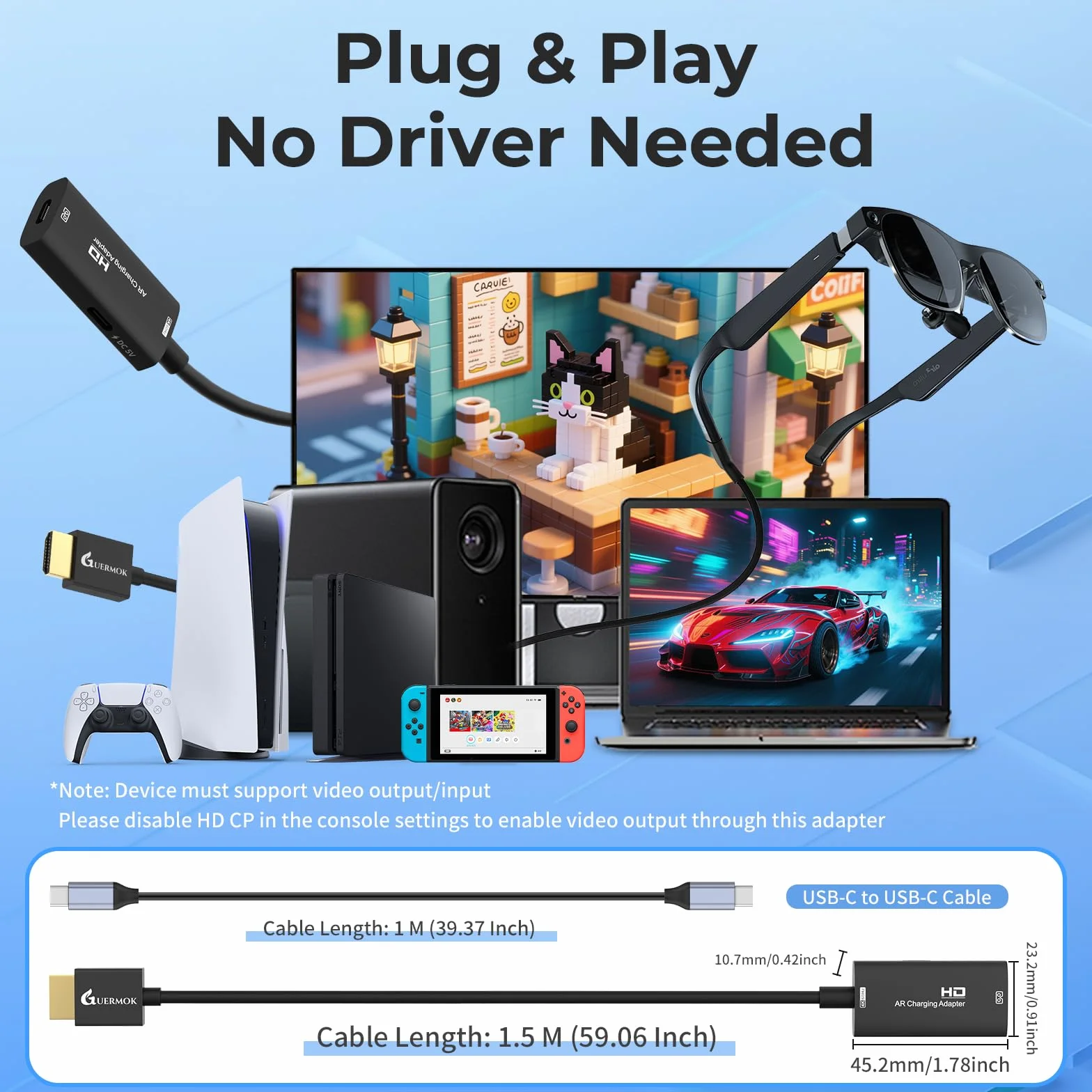 Guermok AR Glasses Adaptateur d'affichage HDMI vers USB-C, 1,5 m, 4K @ 60 Hz, convertisseur AR avec DC 5 V, pour X Real One/Air 2 Pro/Ray Neo/Rokid, Switch 2/1, PS 5/4, moniteurs Portables, Noir
