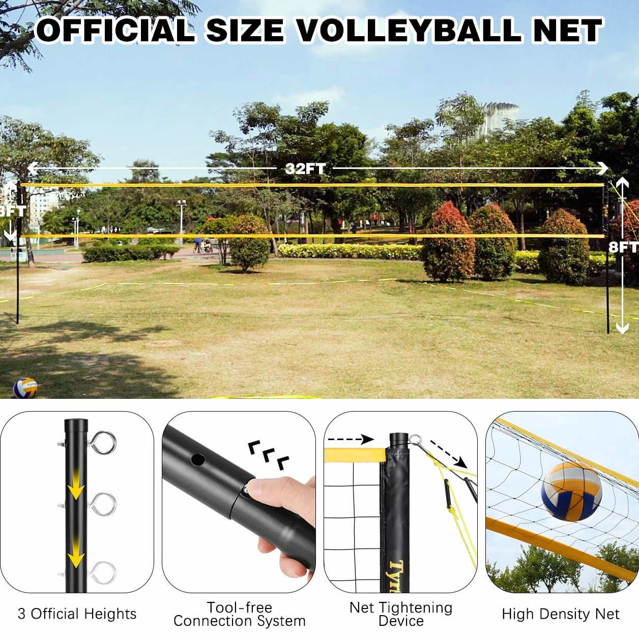 Ensemble Volleyball Badminton Jardin Filet Portable Tout-en-Un avec 4 Raquettes Volants Sac