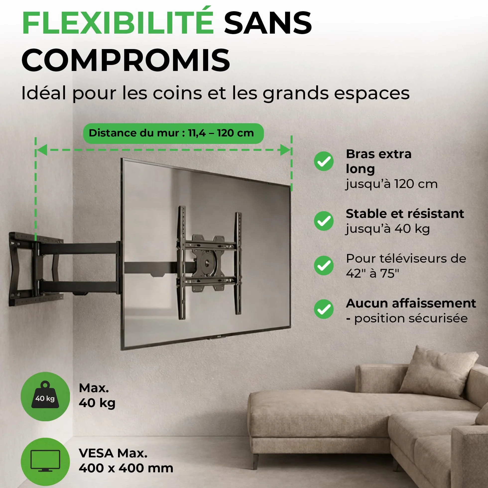 TiTon 120 cm - Support Mural TV - 40 kg - VESA 400x400 - Fixation Murale TV de 42 Pouces à 75 Pouces - Kit Complet d’Installation Inclus