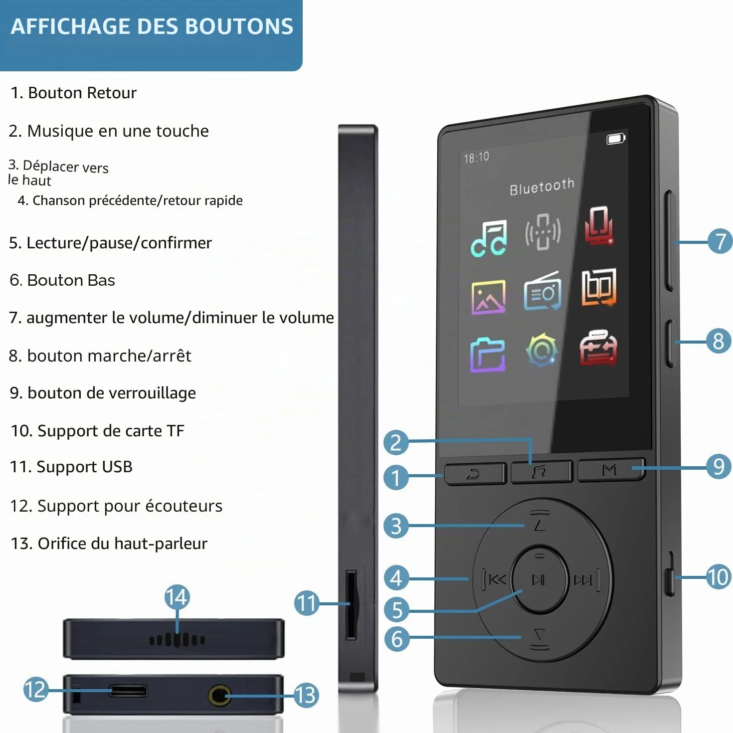 Lecteur MP3 Bluetooth 5.3 64 Go avec Haut-Parleurs, Radio FM, Écran Couleur 2,4 Pouces, Noir