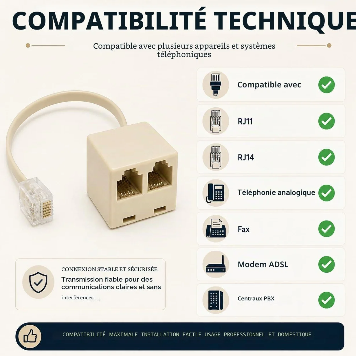 CABLEPELADO Répartiteur de téléphone 6P4C RJ11 mâle vers double RJ11 | Adaptateur avec câble - Beige