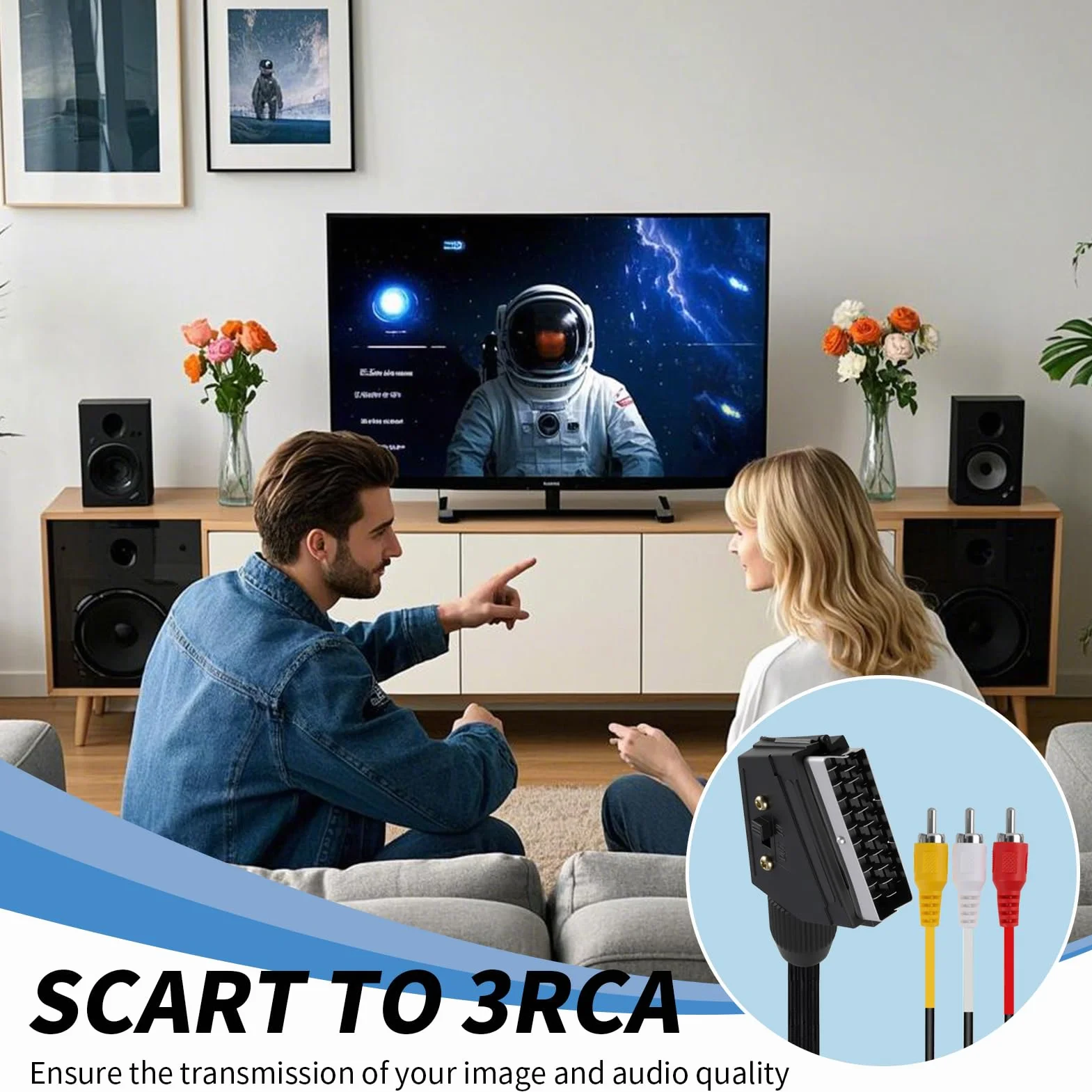 Câble Péritel vers 3RCA Mâles de 1,5m, Câble Adaptateur Péritel Audio Vidéo Convertisseur pour TV, DVD, Magnétoscope, Système Home Cinéma, Transmission unidirectionnelle