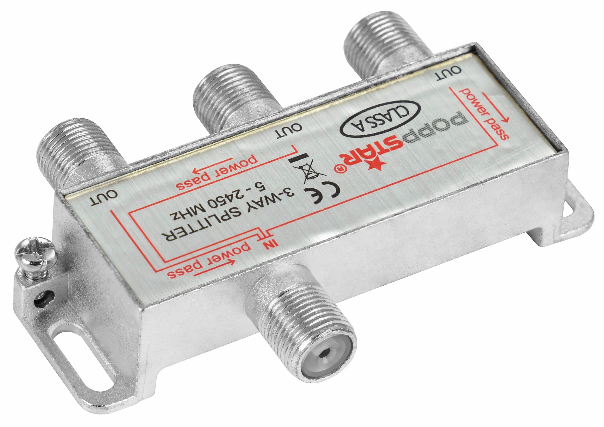Poppstar Répartiteur coupleur d'antenne 3 Sorties, Fiche F inclue (analogique/numérique/large-bande/unicable/HD/4K Compatible) pour TV,Antenne TNT,Satellite,Câble,TV,Radio,LNB - 100dB, 5-2450 MHz