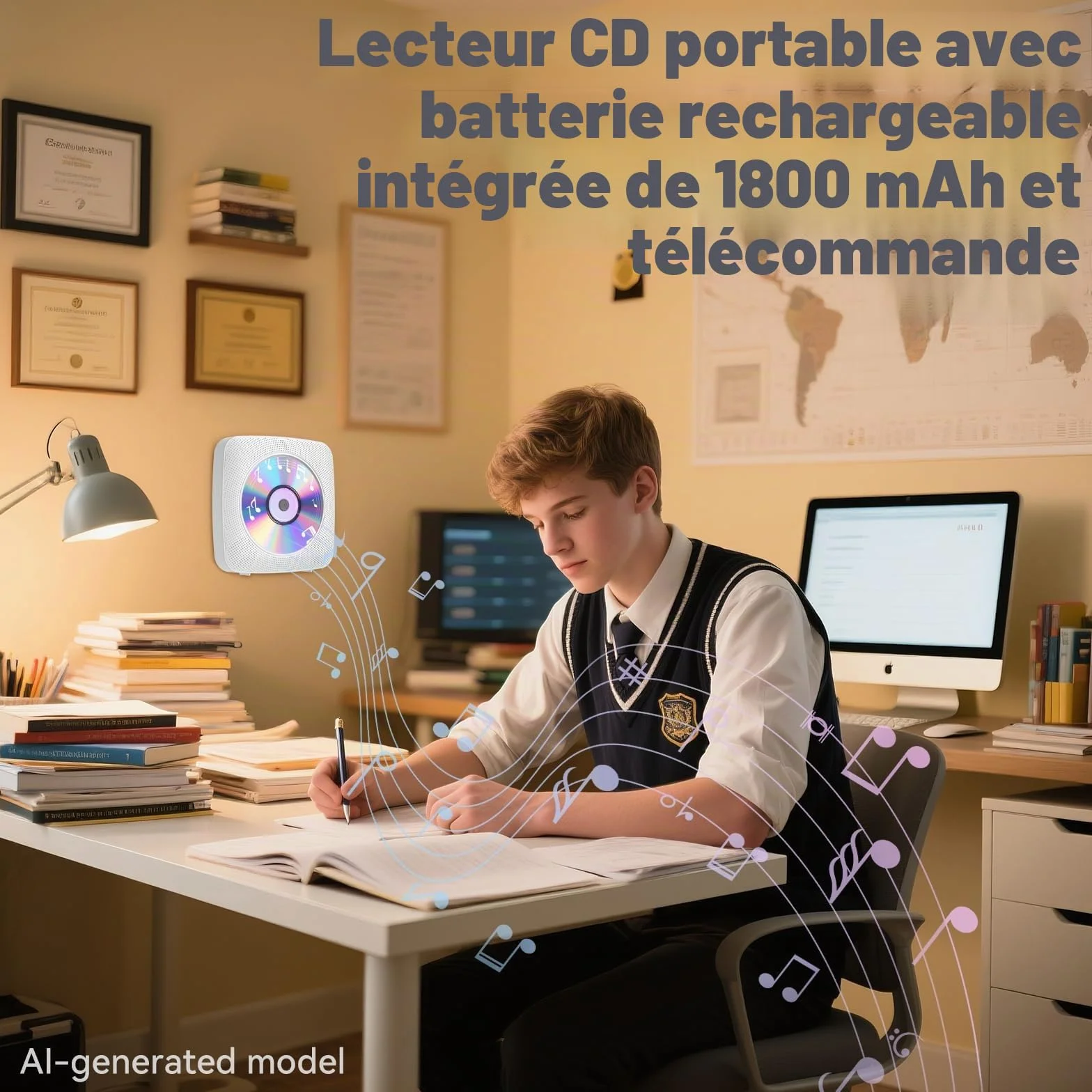 Gueray Lecteur CD Portable Bluetooth 1800mah Lecteur CD de Bureau pour la Maison Lecteurs CD avec Deux Haut - parleurs Télécommande Housse Anti-poussière Affichage Radio FM Minuterie USB Aux-Blanc