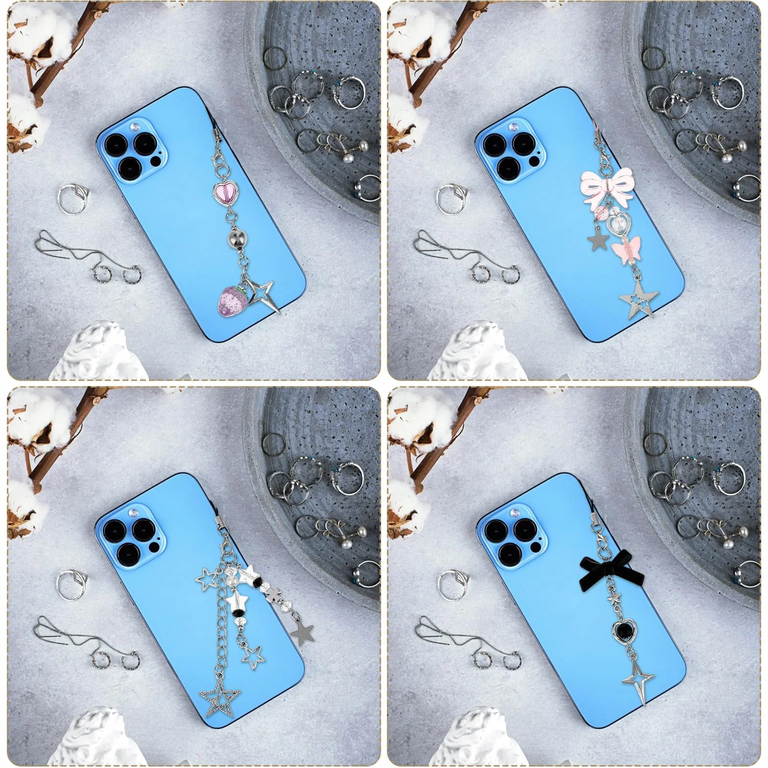 Amaxiu Lot de 4 breloques mignonnes - Motif fraise, papillon, étoile - Accessoire pour coque de téléphone portable - Porte-clés, décoration appareil photo
